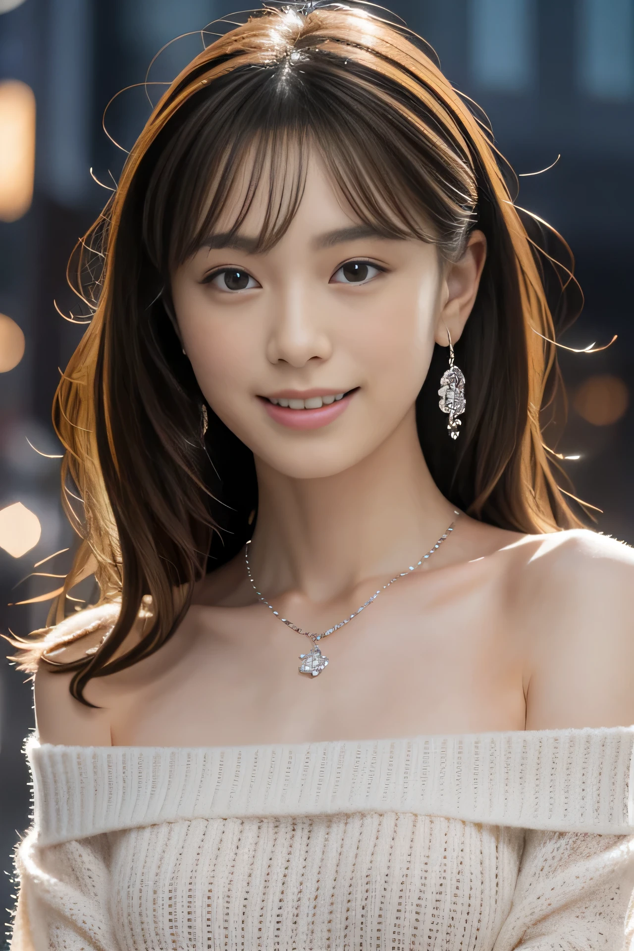 High resolution, RAW photo, realistic, very delicate and beautiful, very detailed, finely, very detailed CG Unity 8K 壁紙, super detailed, (highest quality, 8K, 32K, masterpiece, UHD:1.2), Photo of a cute Japanese model walking in a downtown area at night, beautiful and detailed face, beautiful clear eyes, delicate figure, medium hair, slender body, off shoulder sweater, earrings, silver necklace, innocent smile, (Upper body:1.3),