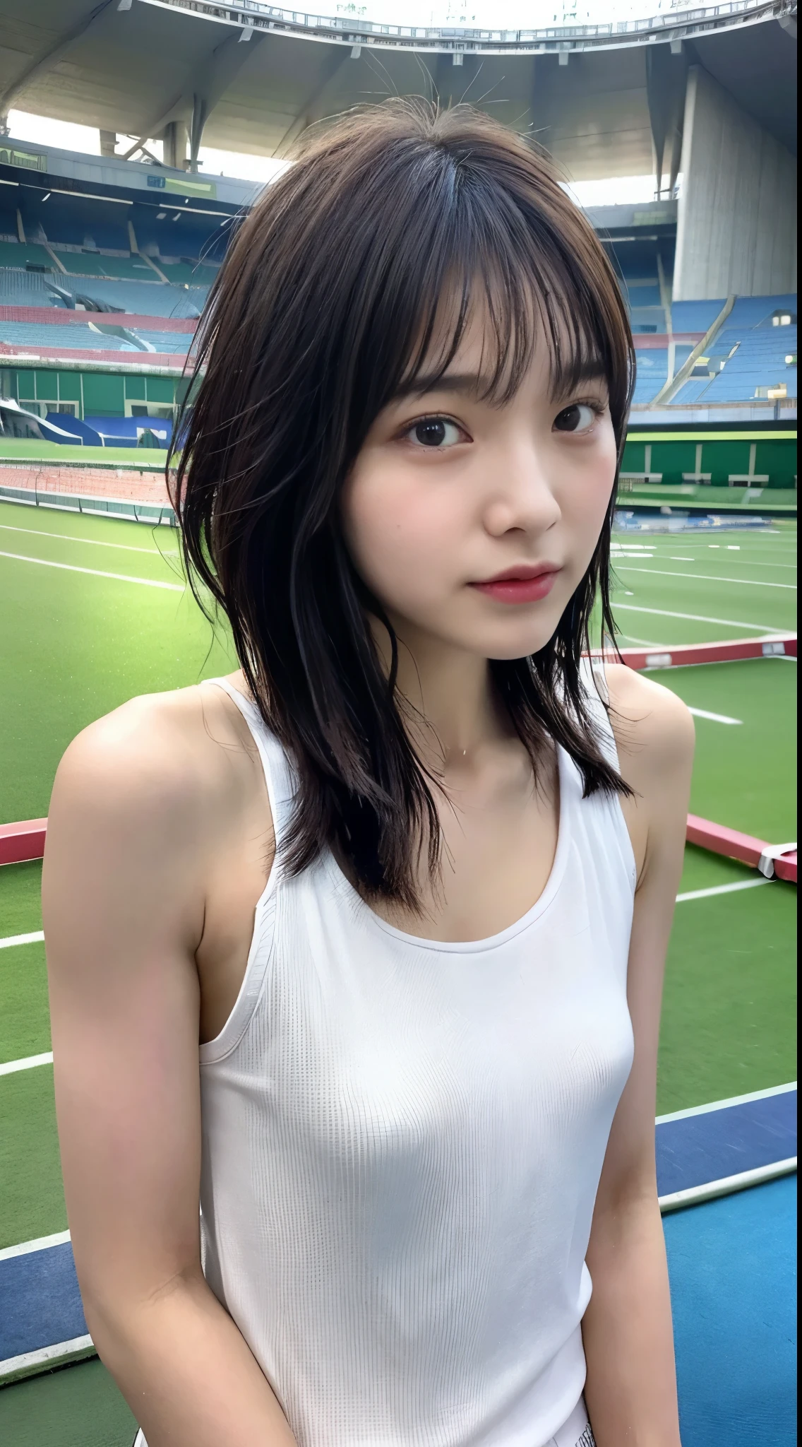 Arafed asian woman in white tank top standing on tennis court - SeaArt AI