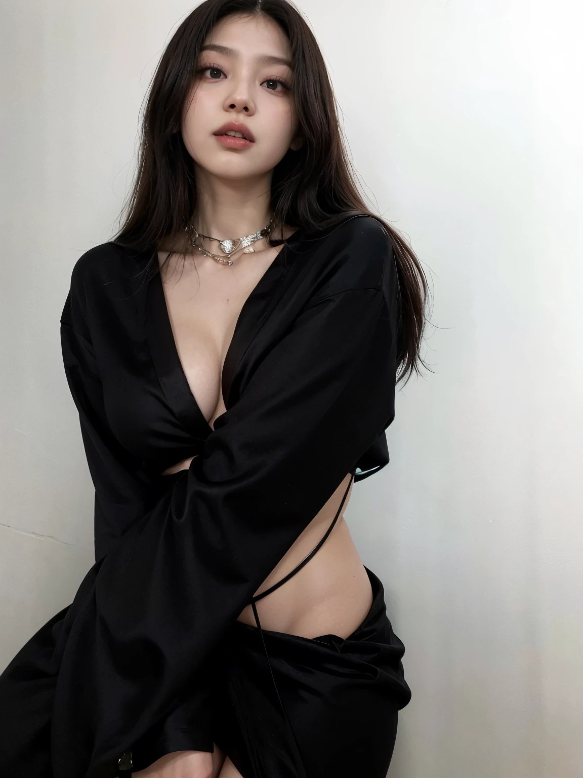 mulher arafed em um vestido preto posando para uma foto, usando seda escura, wearing a black silk robe, roupas abertas no peito, usando seda escura robe, cruel korean goth girl, vestindo uma blusa, wearing gargantilha, vestindo roupas pretas, wearing black gargantilha, gargantilha, vestindo roupas pretas, wearing a black silk robes, usando um top cropped sexy, wearing intricate black gargantilha