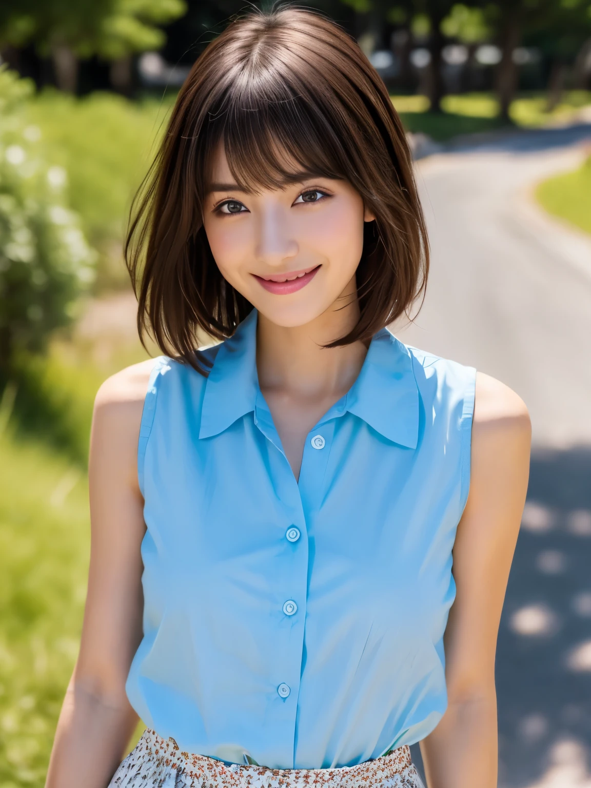 masterpiece, 1 girl per photo, cowboy shot, Front view, Japanese young cute girl, Mountains in the countryside of Japan々Stand alone on a path surrounded by, big smile, glamorous look, wearing a sleeveless light blue blouse with collared, She is wearing a short light brown culotte skirt., wearing a straw hat, super cute face, glossy lips, double eyelids of both eyes, natural makeup, Shiny and smooth light brown long bob hair, asymmetrical bangs, sunburned skin, center image, 8K resolution, high detail, detailed hairstyle, detailed face, cinematic lighting, octane rendering, surreal, perfect limbs, perfect anatomy