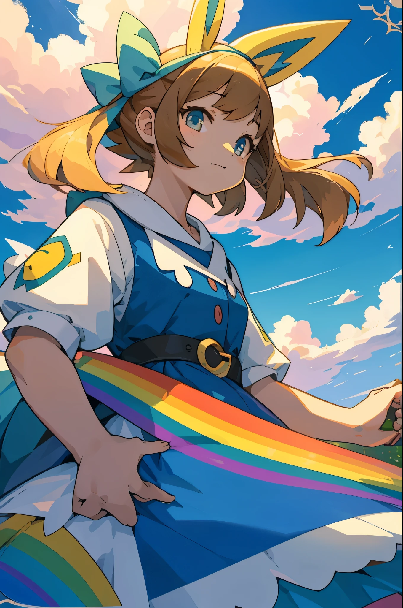 1girl, pokémon card(top quality)(high quality)(Convoluted Details)(ultra-detailliert)(illustratio)(Distinct image)Against the backdrop of the vast sky, Rainbow View,