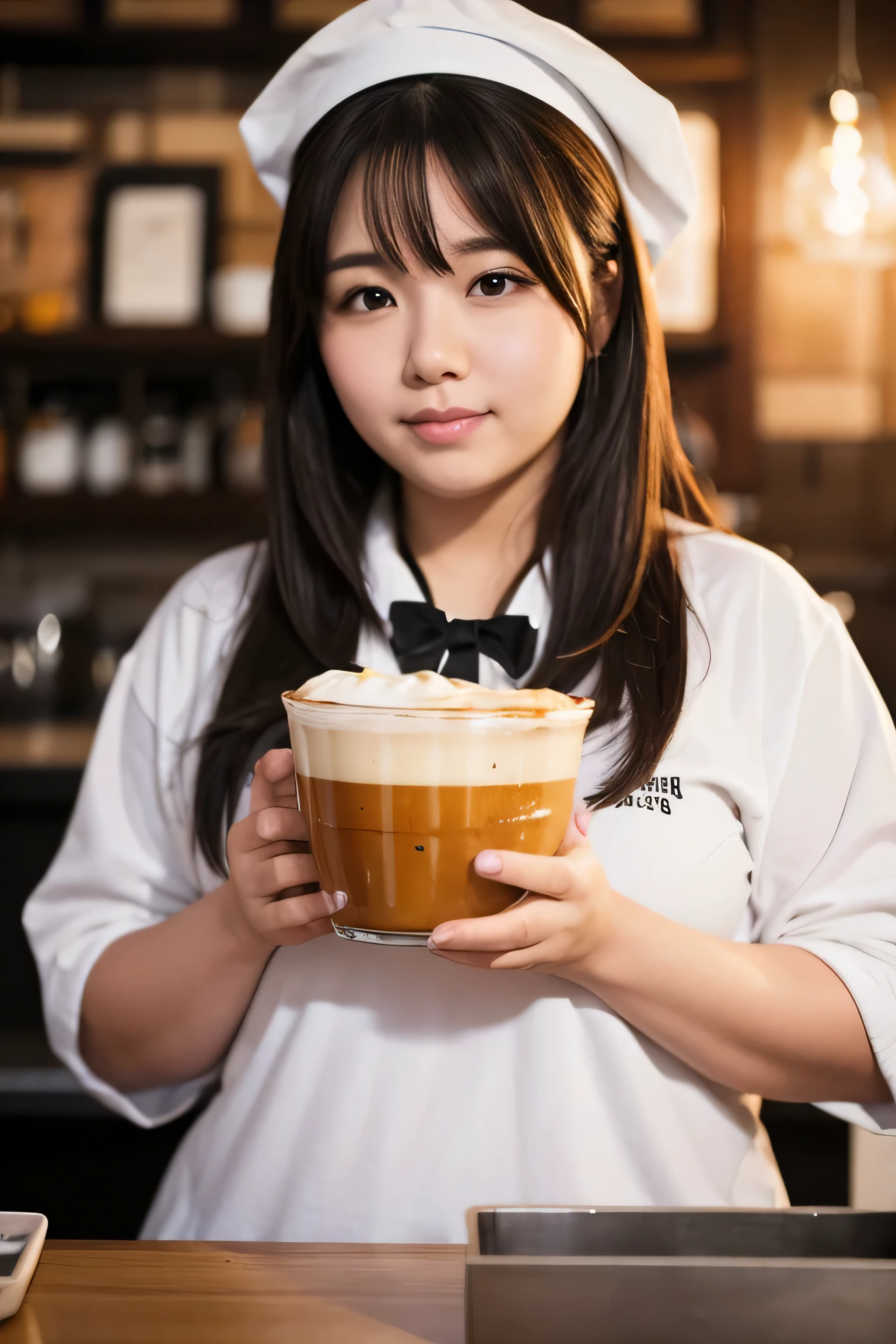 1 female, Overweight, barista, extremely fat, Chubby, Japanese, 4K, High resolution, masterpiece, highest quality, fine skin, sharp focus, (cinematic lighting)