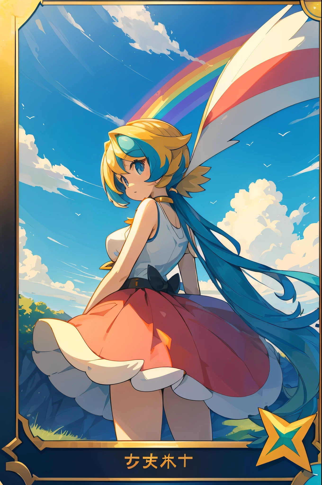 1girl, pokémon card(top quality)(high quality)(Convoluted Details)(ultra-detailliert)(illustratio)(Distinct image)Against the backdrop of the vast sky, Rainbow View,