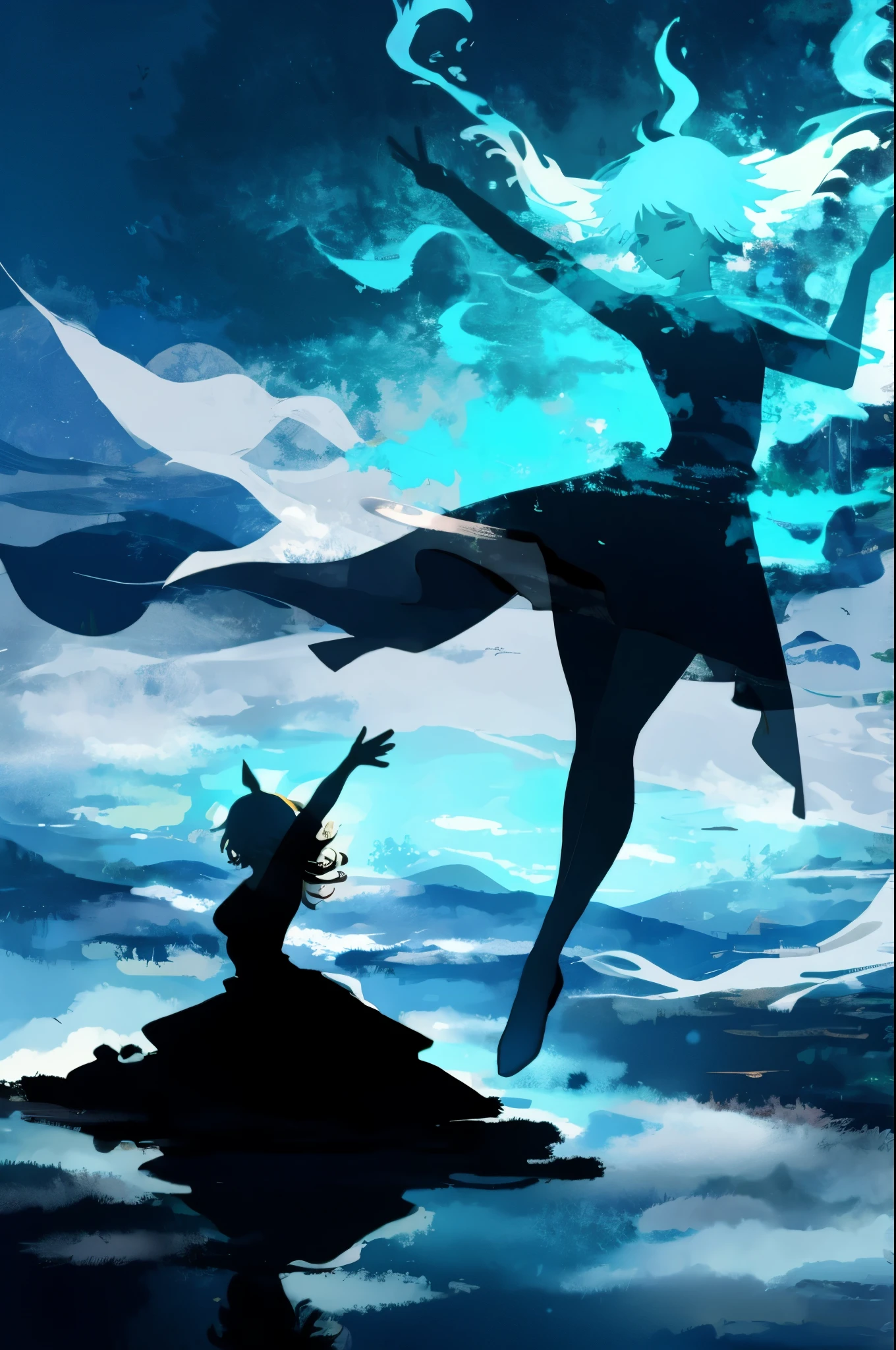 Ethereal double exposure of a young woman in surreal poses, Duplication Delusion, silhouette with abstract shapes, dual, landscape, ghostly,