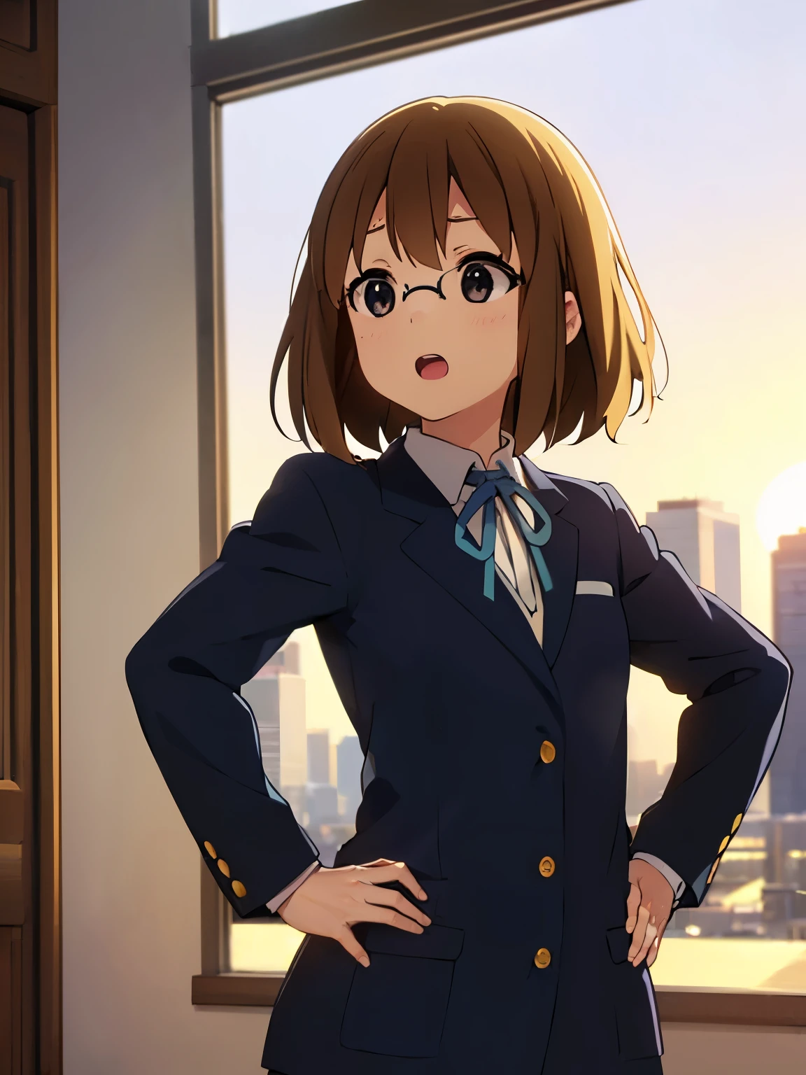 1girl, (((​masterpiece))), top-quality, top-quality, High Details, Hirasawa Yui, 1girl, Sakuragaoka High School Uniform, student clothes, two yellow hairpin, short hair, A brown-haired, brown-eyed, glasses, 独奏, reddish, Dark blue blazer with thin blue ribbon, Solid white buttoned shirt under blazer, read a book, illustratio, comic strip, soothing tones, Subdued Color, Soft cinematic light, adobe lightroom, photolab, HDR, intricately and hyper-detailed、(((depth of fields))))。(((​masterpiece)))。(((top-quality))).)((ultra-detailliert)))。(((illustratio)))。(((takeout))).dynamic focus.big breasts.(((Skyscrapers))).(((A city scape))).(((Face of happiness))). open mouth.(((put hands on the hip))).(((up chest))).((afternoon glow)).((the setting sun)).