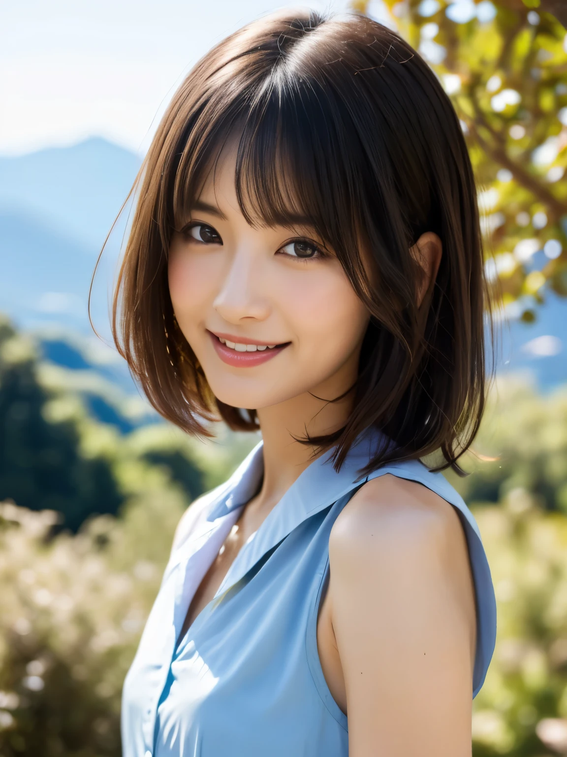 masterpiece, 1 girl per photo, cowboy shot, Front view, Japanese young cute girl, Mountains in the countryside of Japan々Stand alone on a path surrounded by, big smile, glamorous look, wearing a sleeveless light blue blouse with collared, She is wearing a short light brown culotte skirt., wearing a straw hat, super cute face, glossy lips, double eyelids of both eyes, natural makeup, Shiny and smooth light brown long bob hair, asymmetrical bangs, sunburned skin, center image, 8K resolution, high detail, detailed hairstyle, detailed face, cinematic lighting, octane rendering, surreal, perfect limbs, perfect anatomy