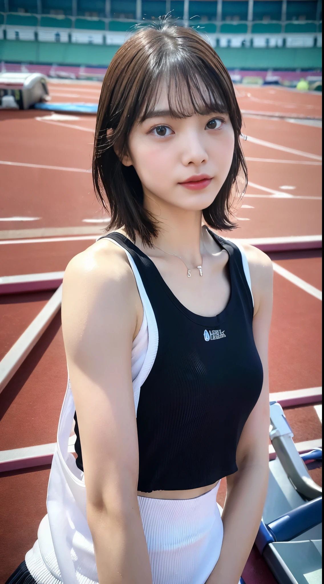 1 woman、8K、Raw photo、(highest quality、masterpiece、intricate details: 1.4)、(realistic、Photoreal: 1.3)、(realistic: 1.3)、Photoreal、 Japanese female track and field athletes、((Wet day))、((woman on stadium track:1.8))、(Beautiful like a Japanese actress)、(heavy rain)、((Thin track and field team tank top))、(light color track and field team tank top)、(Track and field team tank tops that are transparent when wet with rain)、雨にwet skinに吸い付く陸上チームタンクトップ、Bloomers in wet colors、short cut hair、(wet hair)、(wet bangs)、wet skin、(Visible nipple protrusion)、 18-year-old、(small face:1.5)、(nervous look)、light makeup、thin eyebrows、 detailed and beautiful face、detailed eye、(tear bag:1.5)、Detailed fingers、fine legs、fine skin、Medium chest、shiny hair、Glossy skin、wet and dripping hair、Wet and dripping skin、The track and field team's tank top is wet and drips with water.、(No bra)、(No underwear)