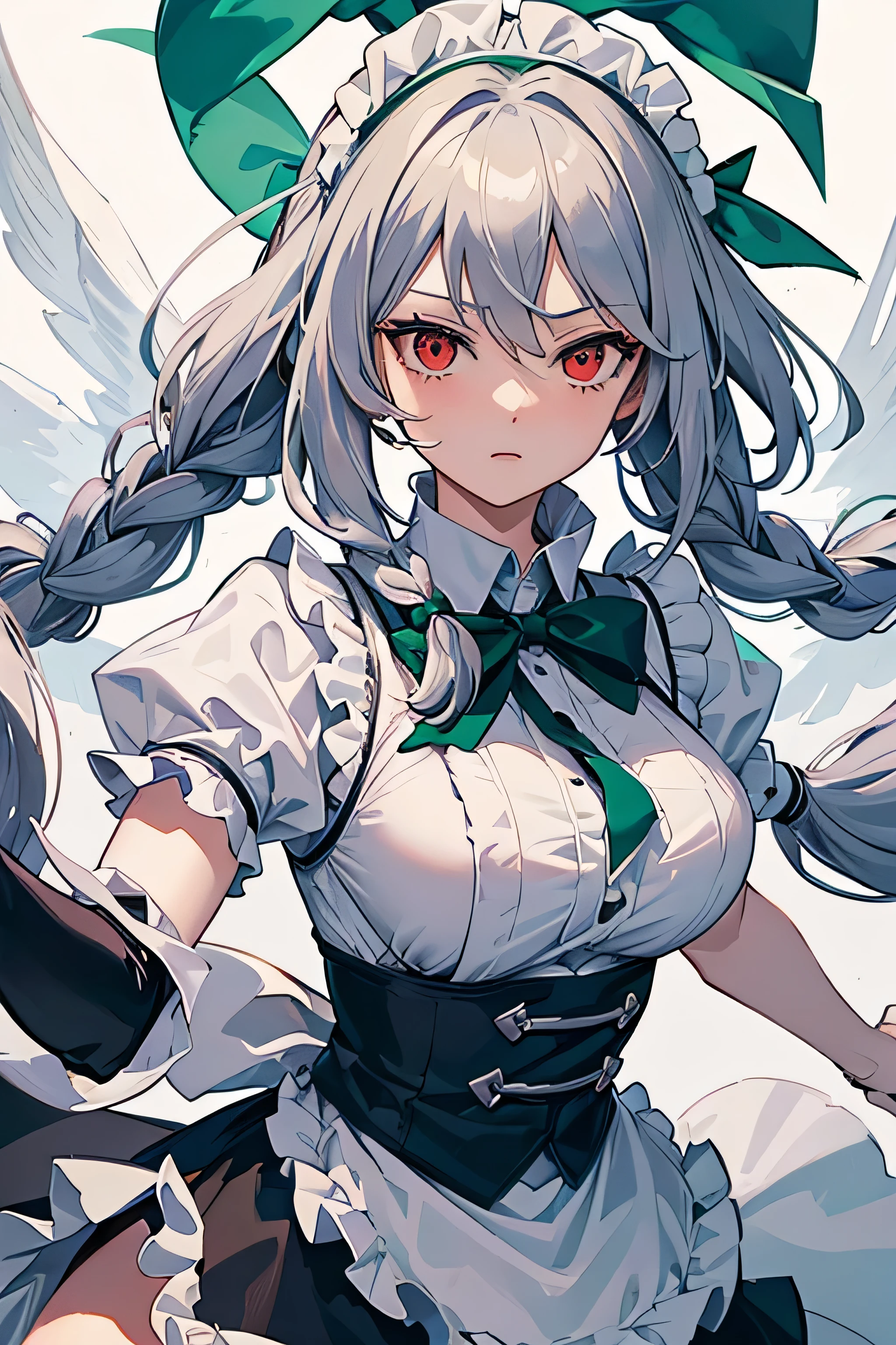 (best quality, masterpiece, ultra-detailed, extremely detailed, highres), (1girl, single, solo), 18 years old Anime girl, bright red eyes, silver hair, (long braids on the both side of the face with green bows), white maid headband, white and dark blue french maid outfit, apron, short sleeves, green ribbon tie, big breast, Grayfia Lucifuge, Sakuya Izayoi, Touhou