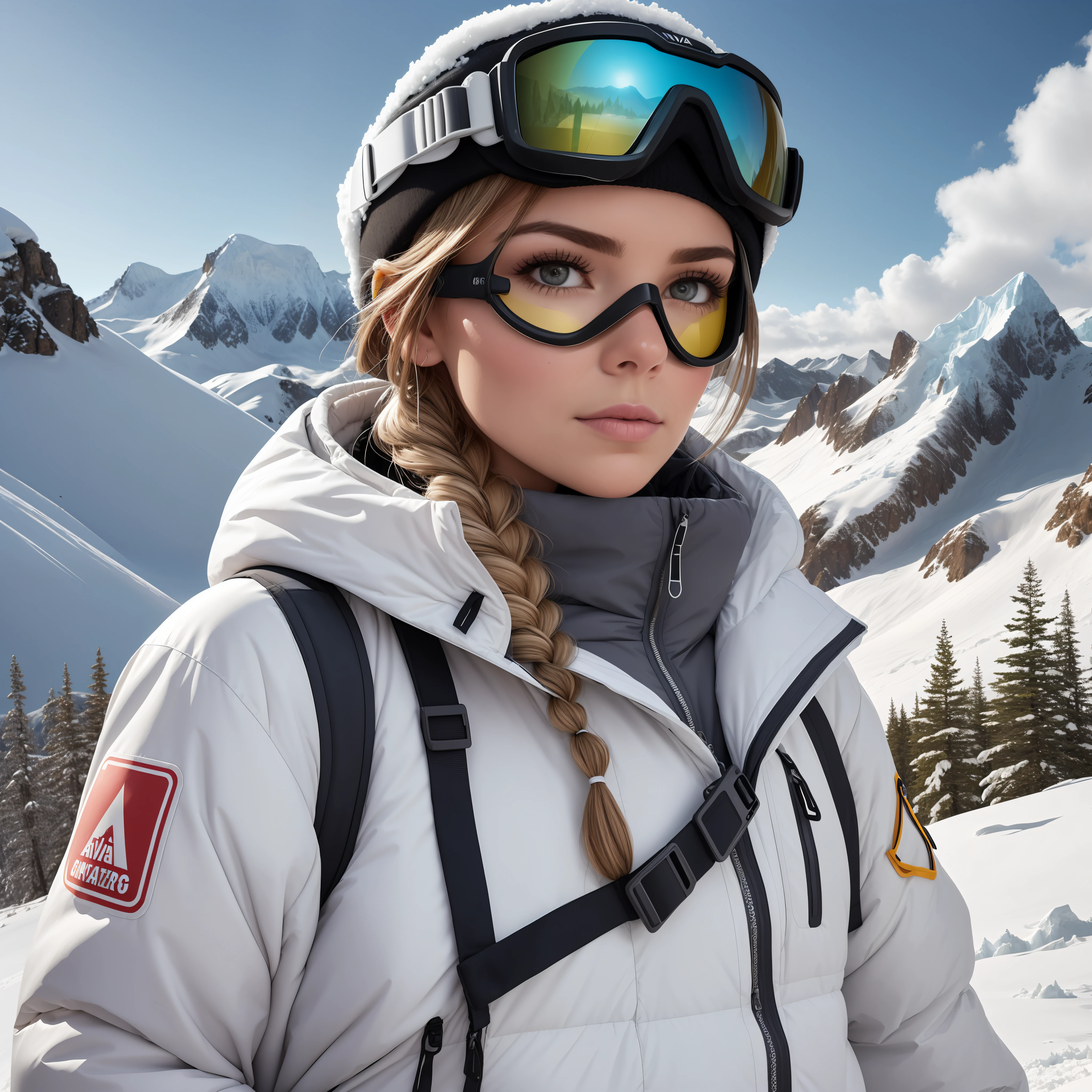 Cloth: Ava is wearing a sleek and warm white snowsuit., designed for protection in frosty mountain conditions.
props: Brings a pair of snow goggles and a rescue beacon., focusing on preparedness and safety in avalanche-prone areas.
draw up: Light frosty glow on the cheeks and temples., representing the icy conditions of the mountains.
hairstyle: Tightly braided hair, carefully secured to prevent interference during rescue operations.
expression: Focused and determined look, which reflects Ava's commitment to avalanche safety and rescue efforts..
background design: Snowy mountain slope with high peaks and snowy background, demonstration environment, where do avalanches occur