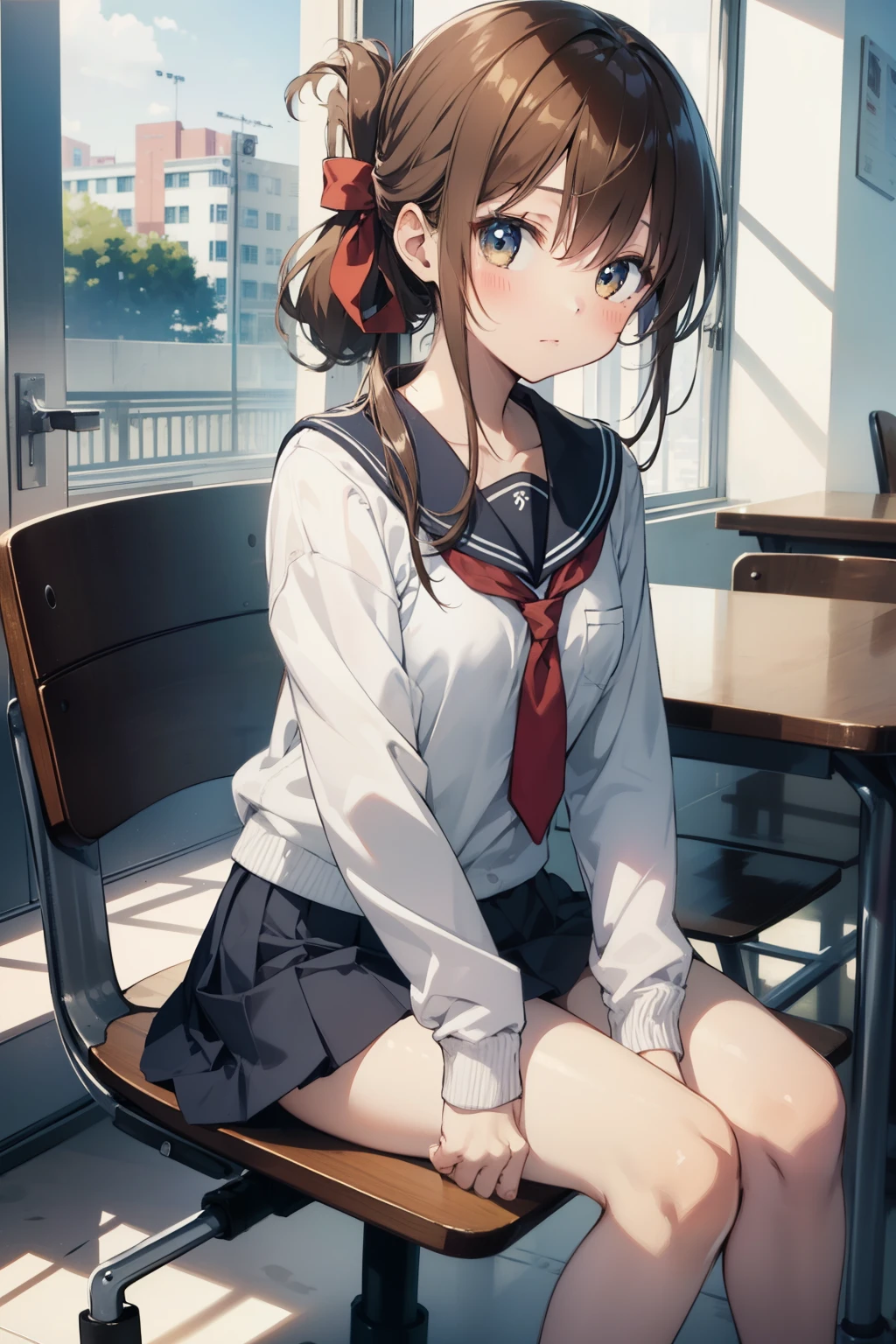 (masterpiece, best quality:1.2),illustration,8k,hd,1girl,solo,upper body,(portrait:1.2),brown_hair,folded_ponytail,brown_eyes,serafuku,long_hair,school_uniform,skirt,pleated_skirt,