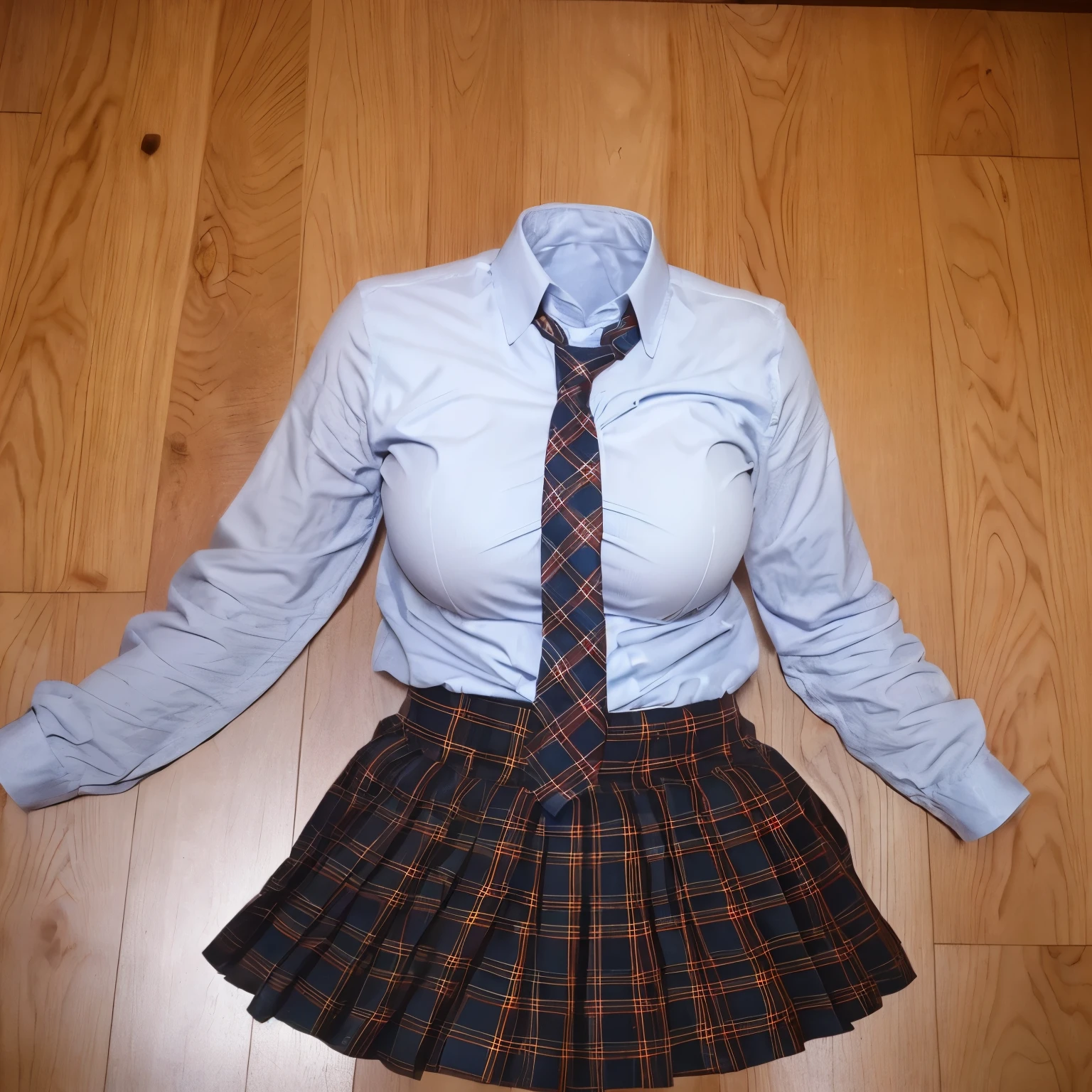 school uniform on floor, stripe tie, plaid skirt, chubby, fat, (invisible, no humans, headless, faceless:1.5), cute big breasts