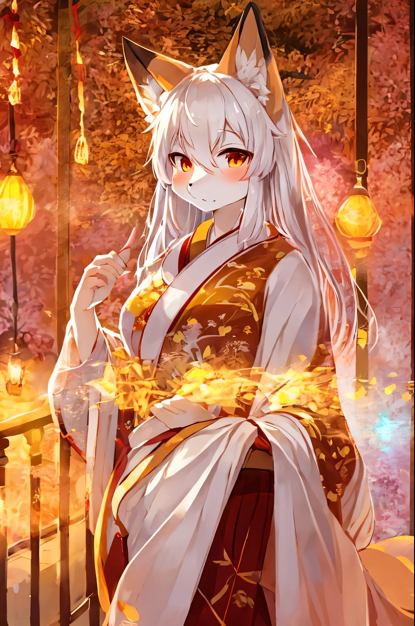 solo, Female, fox, kitsune, white fur, red face markings, white body, white hair, long hair, red and orange eyes, long lashes, attractive face, multiple tails, red tips on tails, lithe body, average body, lean body, white kimono, red and gold elements to kimono, Kanzashi in hair, traditional Japanese home, looking at viewer, by by kishibe, by mofumofumachine, by nonoka_furry, by Tubasa, by ACHAKOORA.