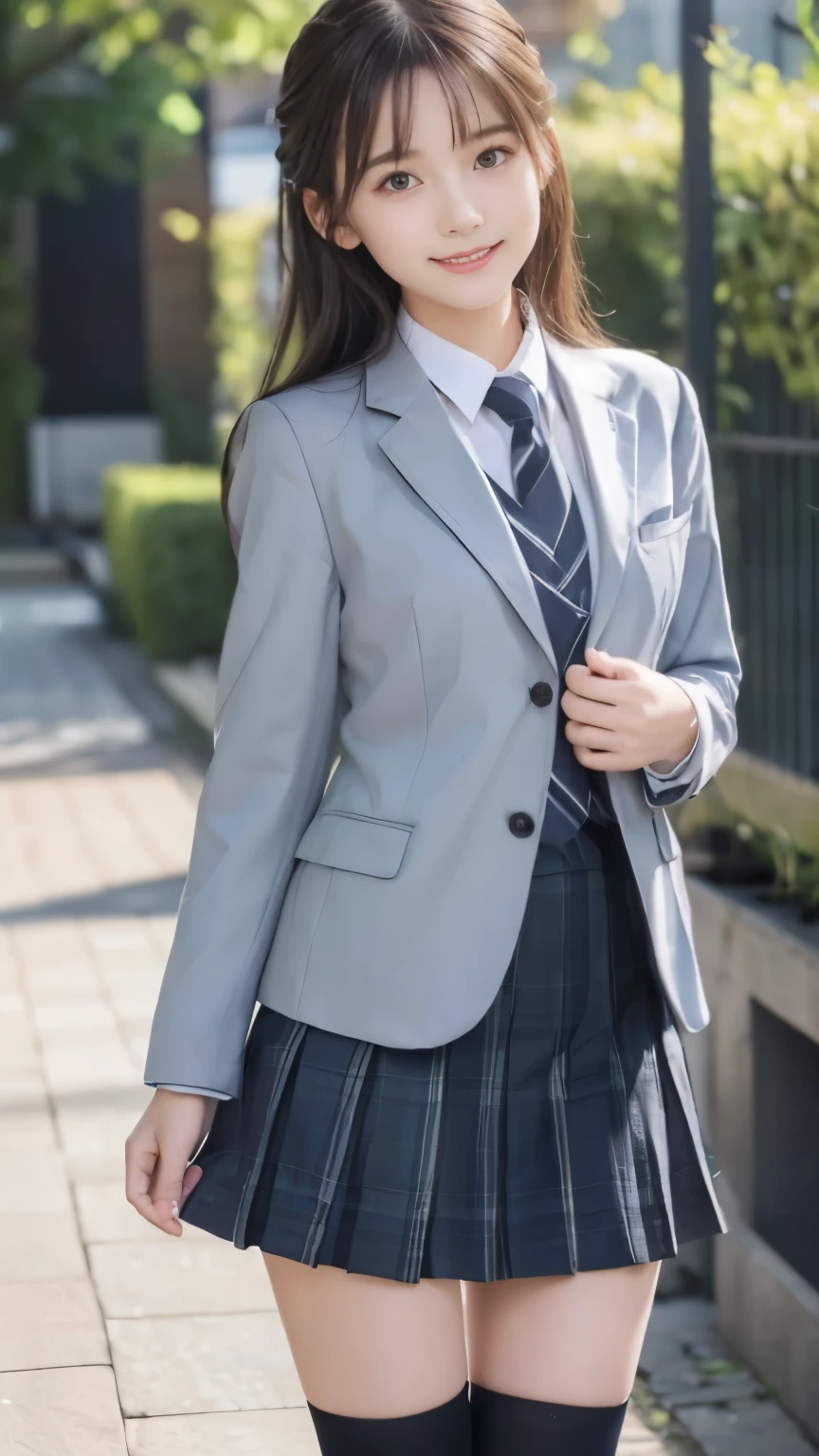 Super fine、8k、muste piece、(RAW photo:1.4)、High resolution、((Composition gradually moving away from the subject))、((Full body photo from face to ankles))、((perfect anatomy))、Landscape Pose、1 female 14 years old、detailed skin、glowing skin、baby face、double eyelid、long eyelashes、Moist eyes、small face、smile、open your mouth、Neat and clean hairstyle、school hallway、stand up、Natural light comes in from the windows、Dreaminess、realistic school scenery、middle School girls、A blue and gray school bag slung over my shoulder、、slender and delicate body、small breasts、Blazer uniform with green lines、girls school uniform、plaid skirt、healthy、young female teenager、black tights、black tights、black knee high socks、茶色のloafers革靴、loafers、full body shot、Neat and clean hairstyle、Emphasizes the rather slender leg line