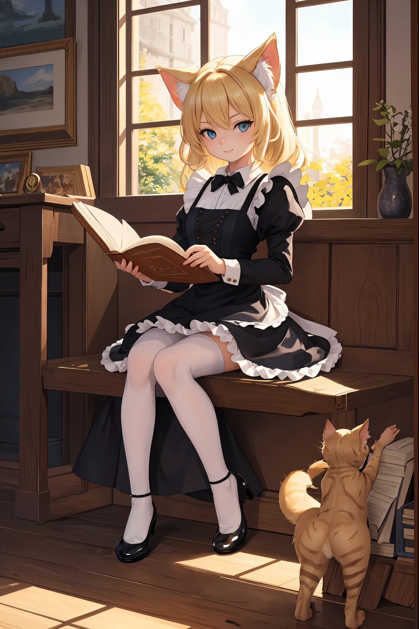 masterpiece, best quality,1girl,furry,reading book,blonde,servalcat,side of windows,perfect light,sit
,kitten,adorable,maid dresss, looking at viewer,
 