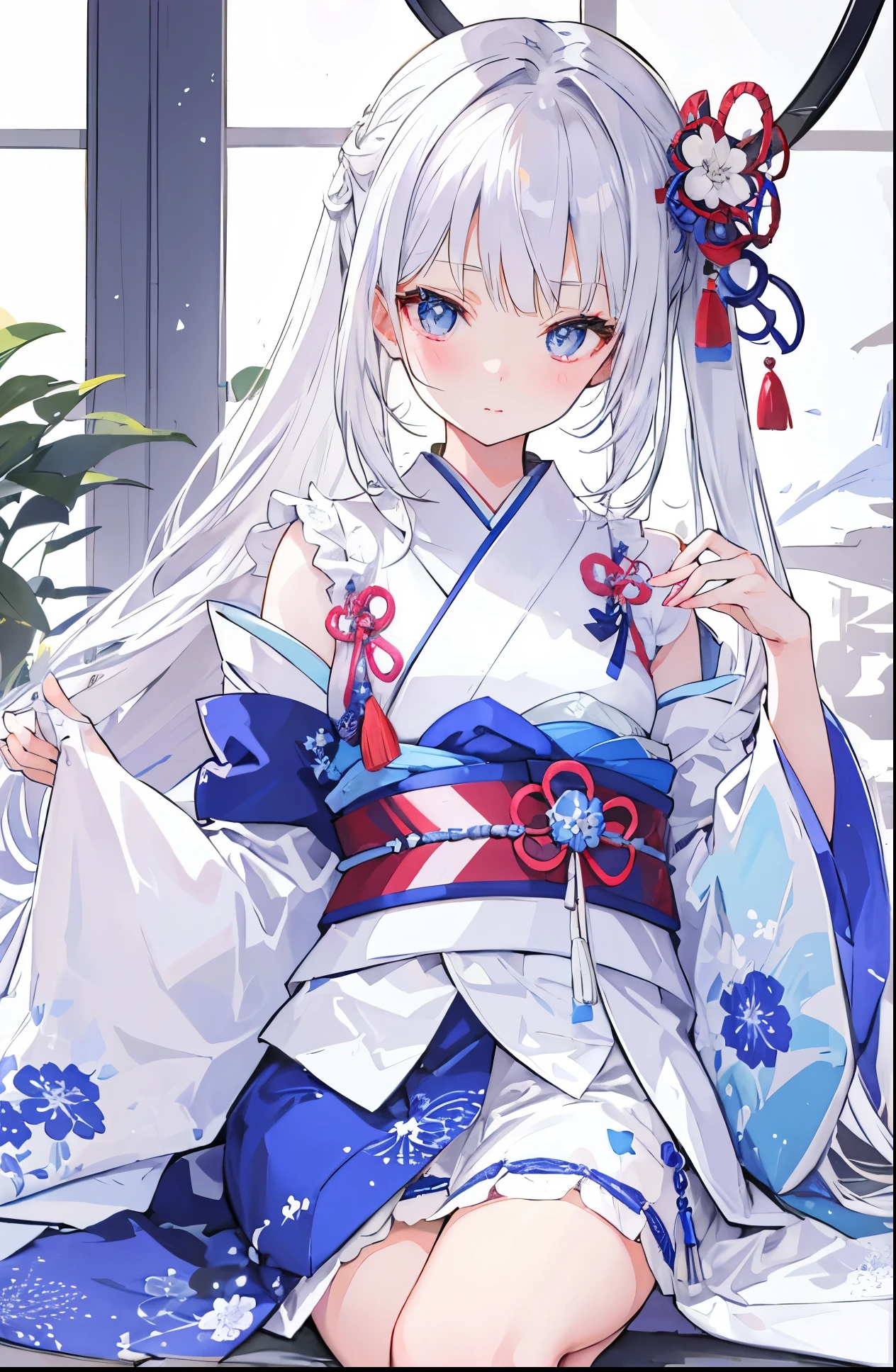 Silver-white hair,pupil,very stunning,Petite and cute little sweet girl,White blue Japanese kimono soft and waxy texture,Super cute