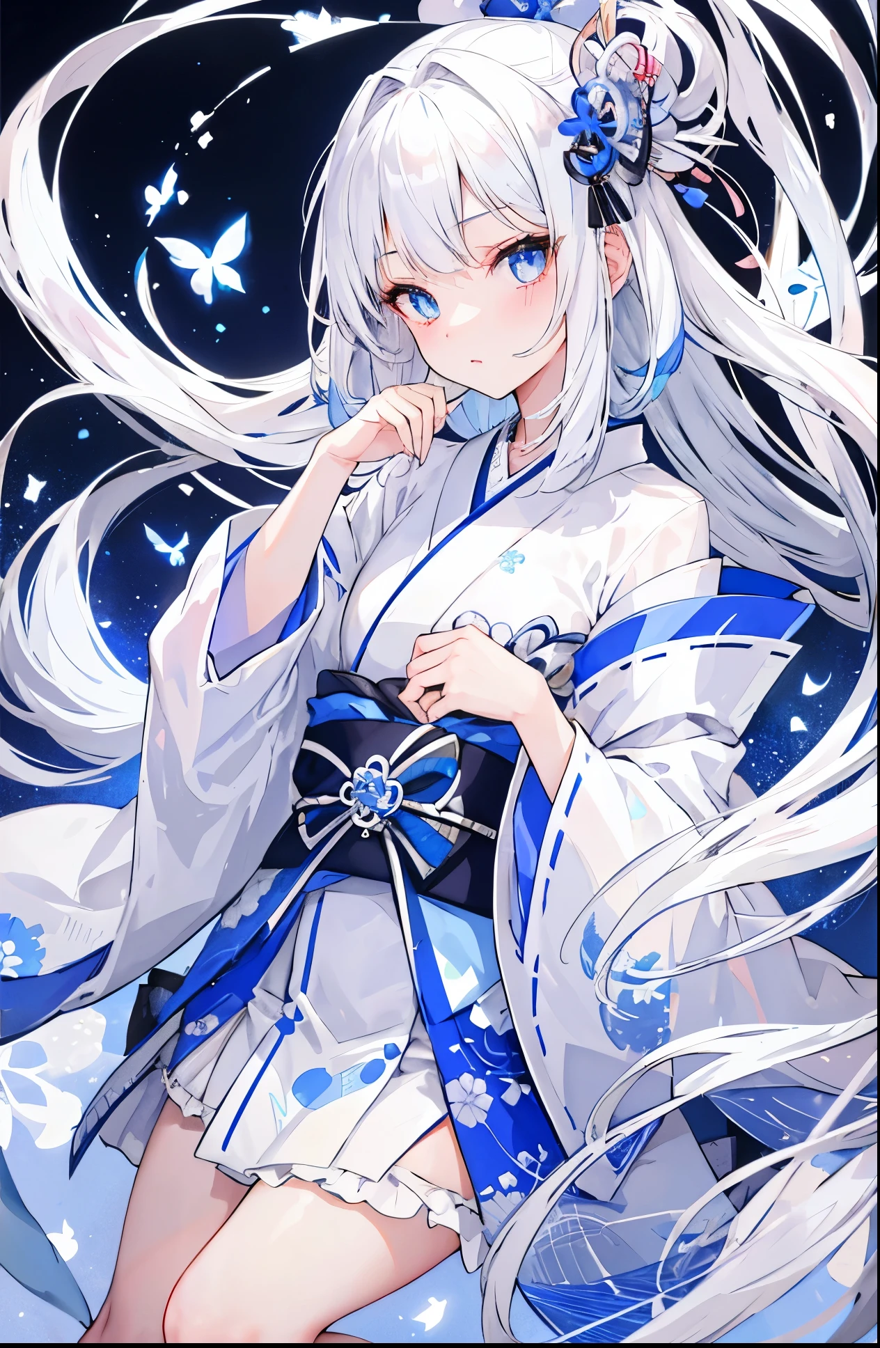 Silver-white hair，pupil，very stunning，Petite and cute little sweet girl，White blue Japanese kimono soft and waxy texture，Super cute