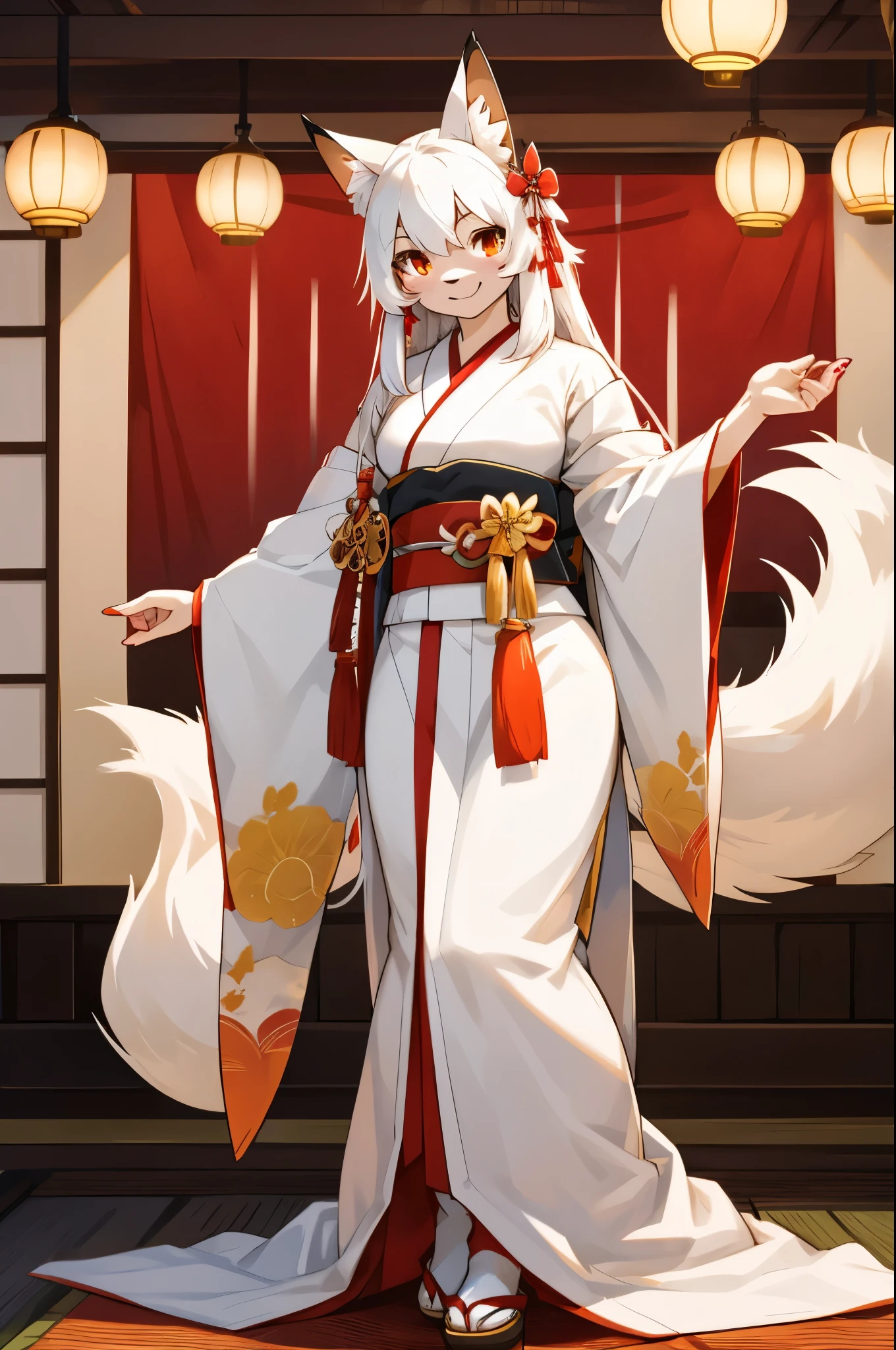 solo, Female, fox, kitsune, white fur, red face markings, white body, white hair, long hair, red and orange eyes, long lashes, attractive face, multiple tails, red tips on tails, lithe body, average body, lean body, white kimono, red and gold elements to kimono, Kanzashi in hair, traditional Japanese home, looking at viewer, by by kishibe, by mofumofumachine, by nonoka_furry, by Tubasa, by ACHAKOORA.