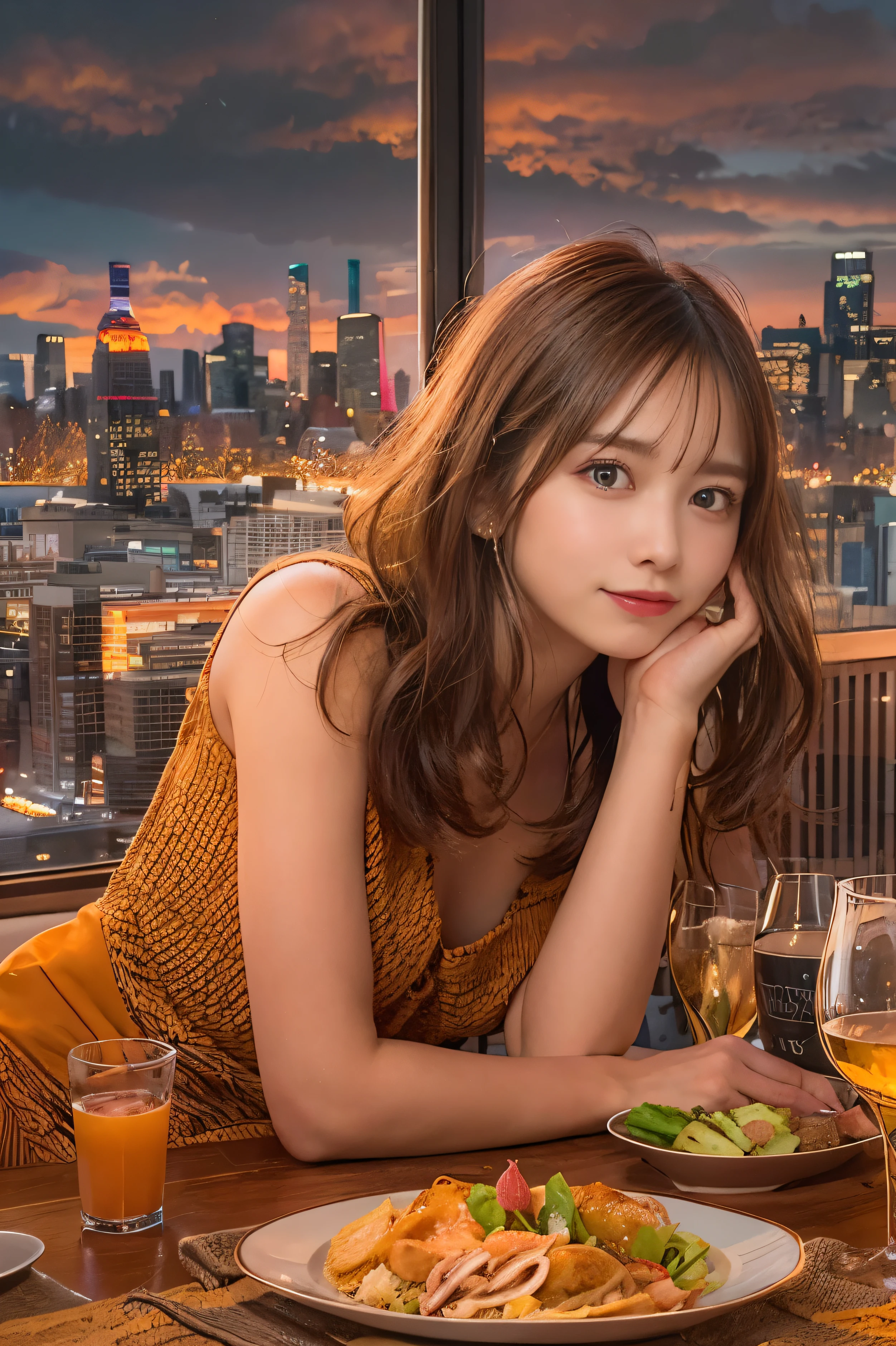 Best Category - Visual Arts: 23 year old woman with cute dress and cute eyes, brown hair、middle hair、Gaze admiringly at the dinner table with New York City in the background. The scene has a red and orange color scheme, Gives a warm and lively atmosphere."highest resolution、gentle expression