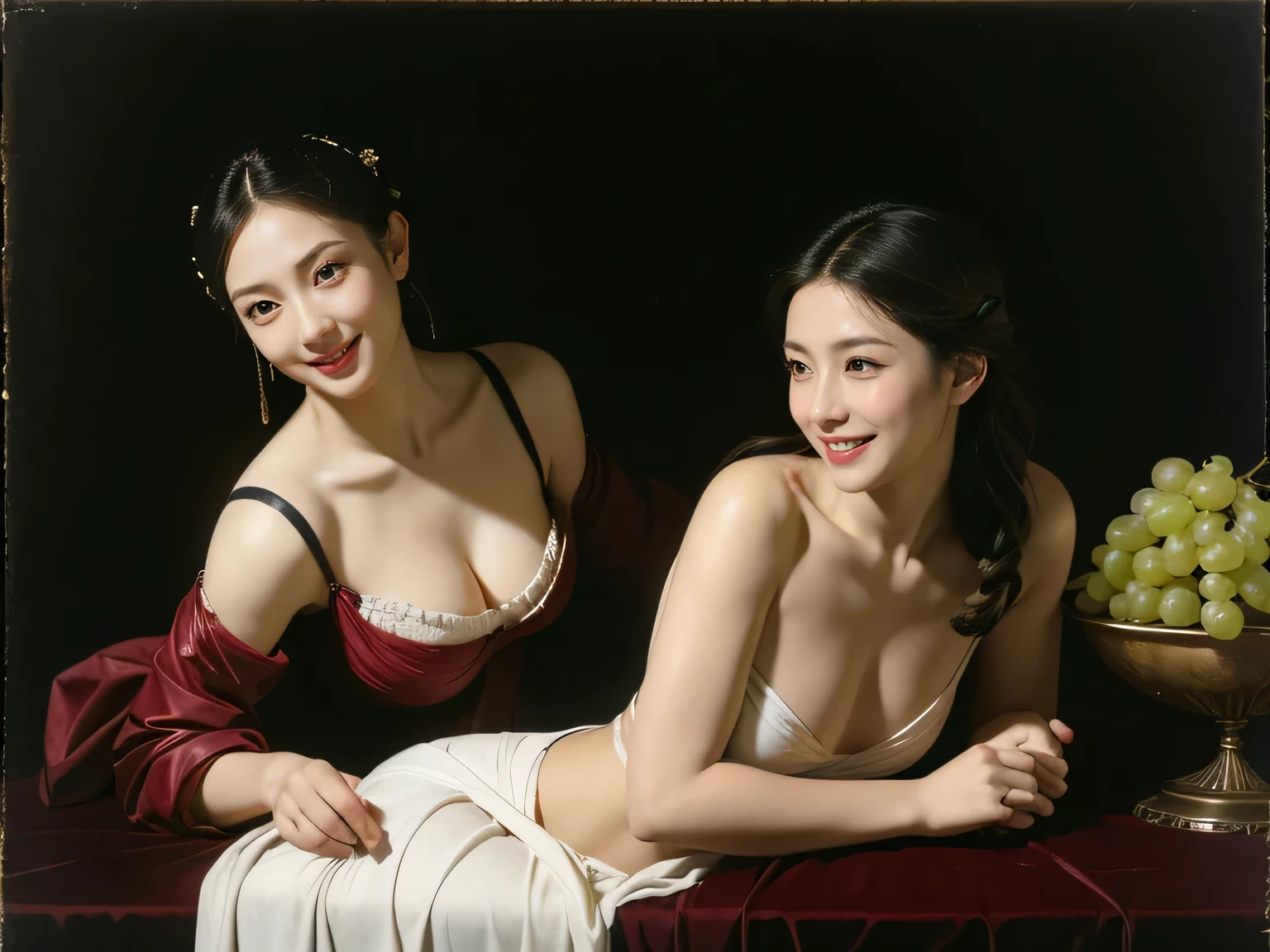 full body portrait ,fruit,grapes,rosa,antique,laughter,,Sweet and seductive appearance.、Caravaggio's paintings、Chiaroscuro of Caravaggio,Two women frolicking,cute smile, expression of ecstasy