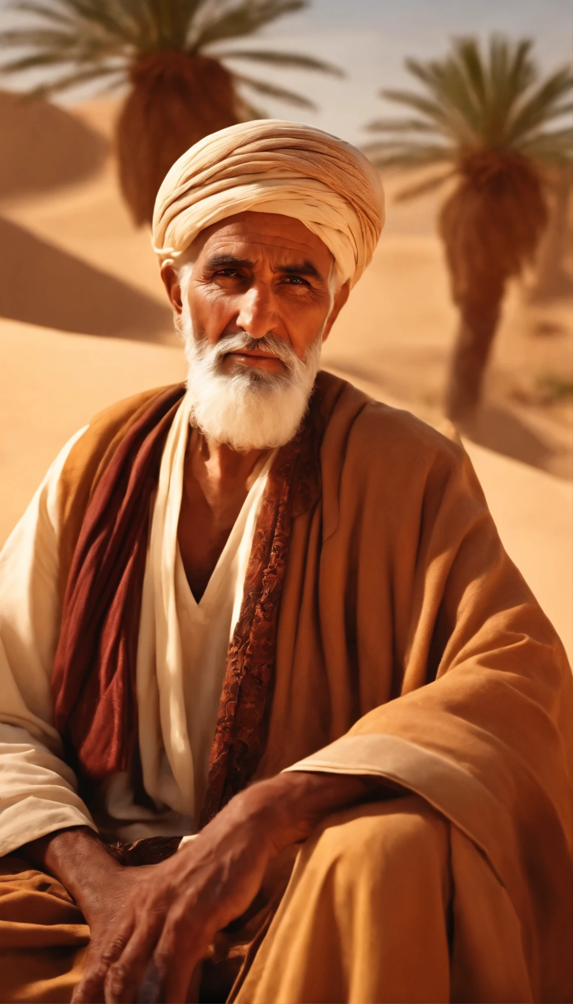 (best quality,realistic:1.37),old arab man in the desert,wise face,white hair and beard,detailed eyes and face,wisdom,wrinkles,sun-kissed skin,turban,sand dunes,silhouettes of palm trees,strong sunlight,desert landscape,serenity,vivid colors,warm color tones,soft natural lighting