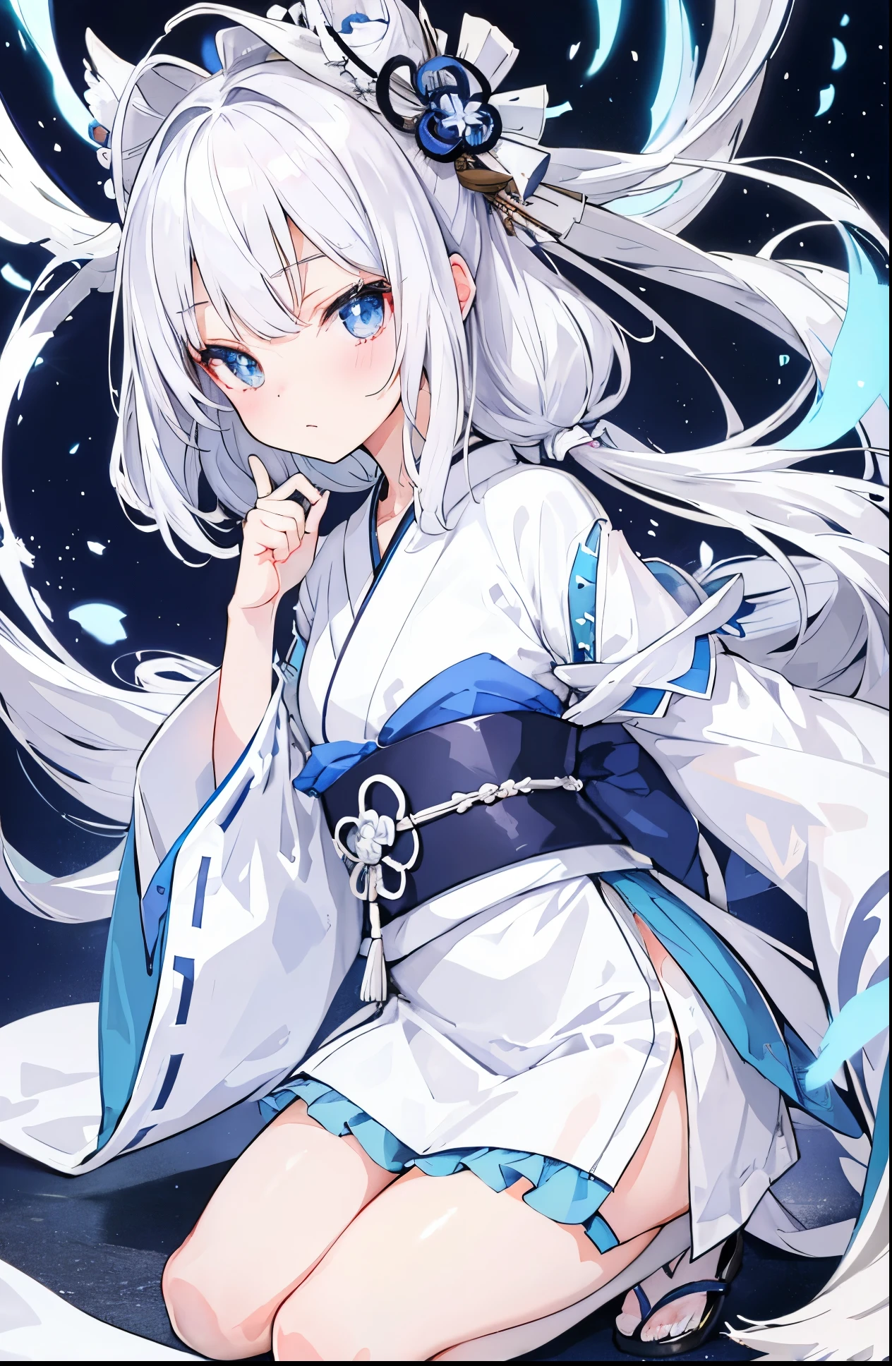 Silver-white hair,pupil,very stunning,Petite and cute little sweet girl,White blue Japanese kimono soft and waxy texture,Super cute