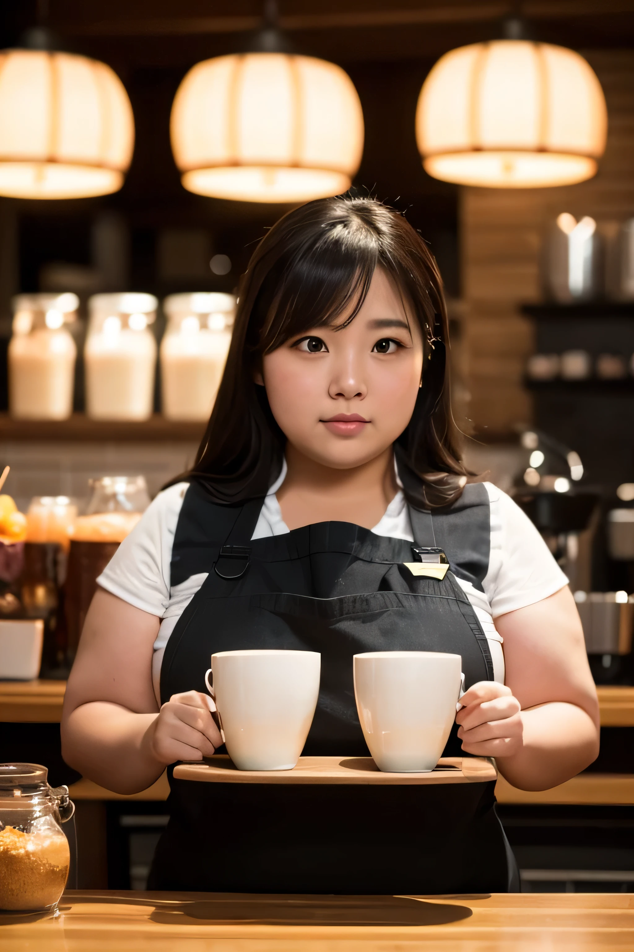 1 female, Overweight, barista, extremely fat, Chubby, Japanese, 4K, High resolution, masterpiece, highest quality, fine skin, sharp focus, (cinematic lighting)