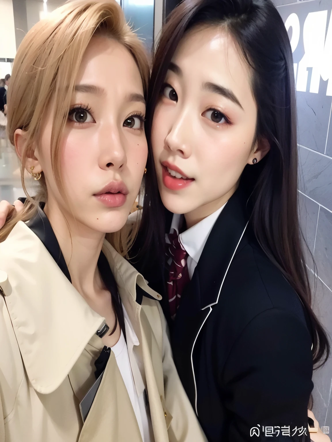 There are two women who are posing together for a photo, kda y sam que, nixeu y sakimichan, con hiedra, ambos tienen labios rojos, tzuyu de dos veces, ulzzang, Ruan Jia y Fenghua Zhong, jaeyeon nam, con negro, Jinyoung Shin, sol yunjoo, jia