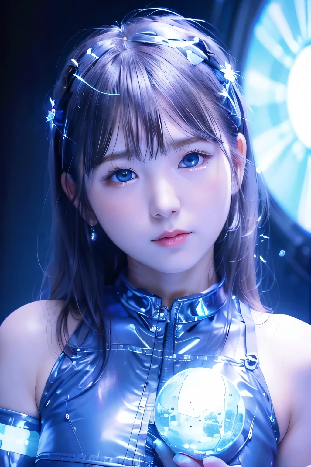 ８K, portrait, portrait, (alone), masterpiece, highest quality, blue glowing plasma ball、 (((slim)))、flat body、、cute、round face、、((close-up of face photo))、、、(shining blue eyes)