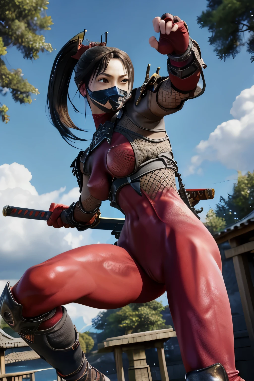 good anatomy, masterpiece, best quality,realistic, hyperrealistic, 16k hdr, taki, (red fishnet bodysuit), ponytail,ninja,,long hair,skin tight,brown eyes,fishnets, fingerless gloves, arm guards, shoulder armor,large breasts,outdoor,japanese garden background,blue sky,dynamic pose,(fighting pose:1.2),spread legs,black mask,(holding sword:1.2),cameltoe,(from below,pussy focus:1.2)