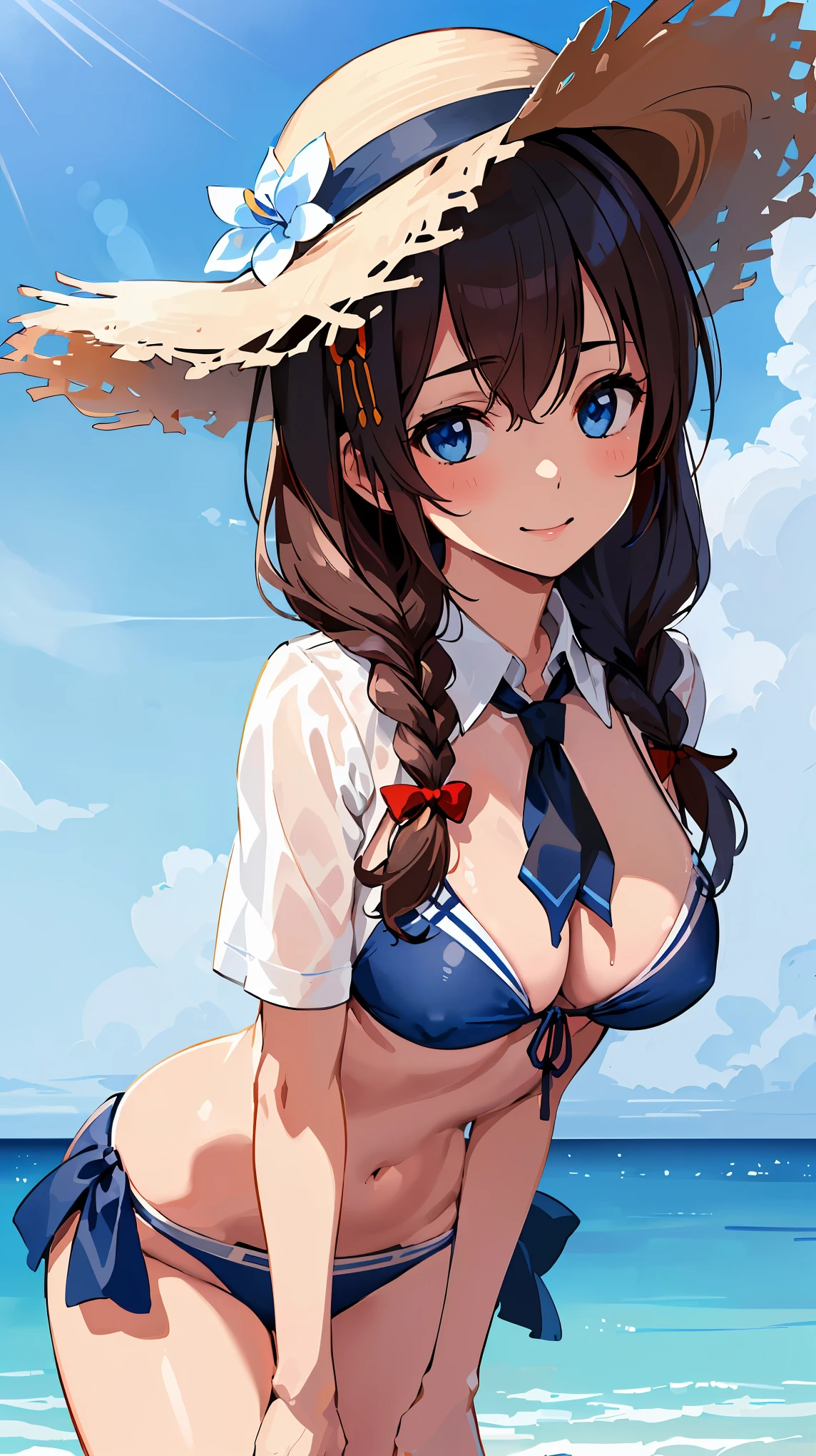 (masterpiece), (best quality), (ultra-detailed), photorealistic, (best illustration), (an extremely delicate and beautiful), 1girl, solo, detailed scenery, radiant beach, blue sky, white cloud, kcshigurek3su, cowboy shot, leaning forward, finely detailed iris, detailed eyes, side-tie bikini bottom, hair ornament, hair flaps, single braid, brown hair, straw hat, hat flower, front-tie bikini top, black necktie, collared shirt, see-through, blue bow, light smile, short sleeves,
Very Fine Eyes Very Fine Face、Insanely detailed body、Extremely fine skin, very elaborate hair ornament, Precisely shaped body and hands Wet Transparent Shirt