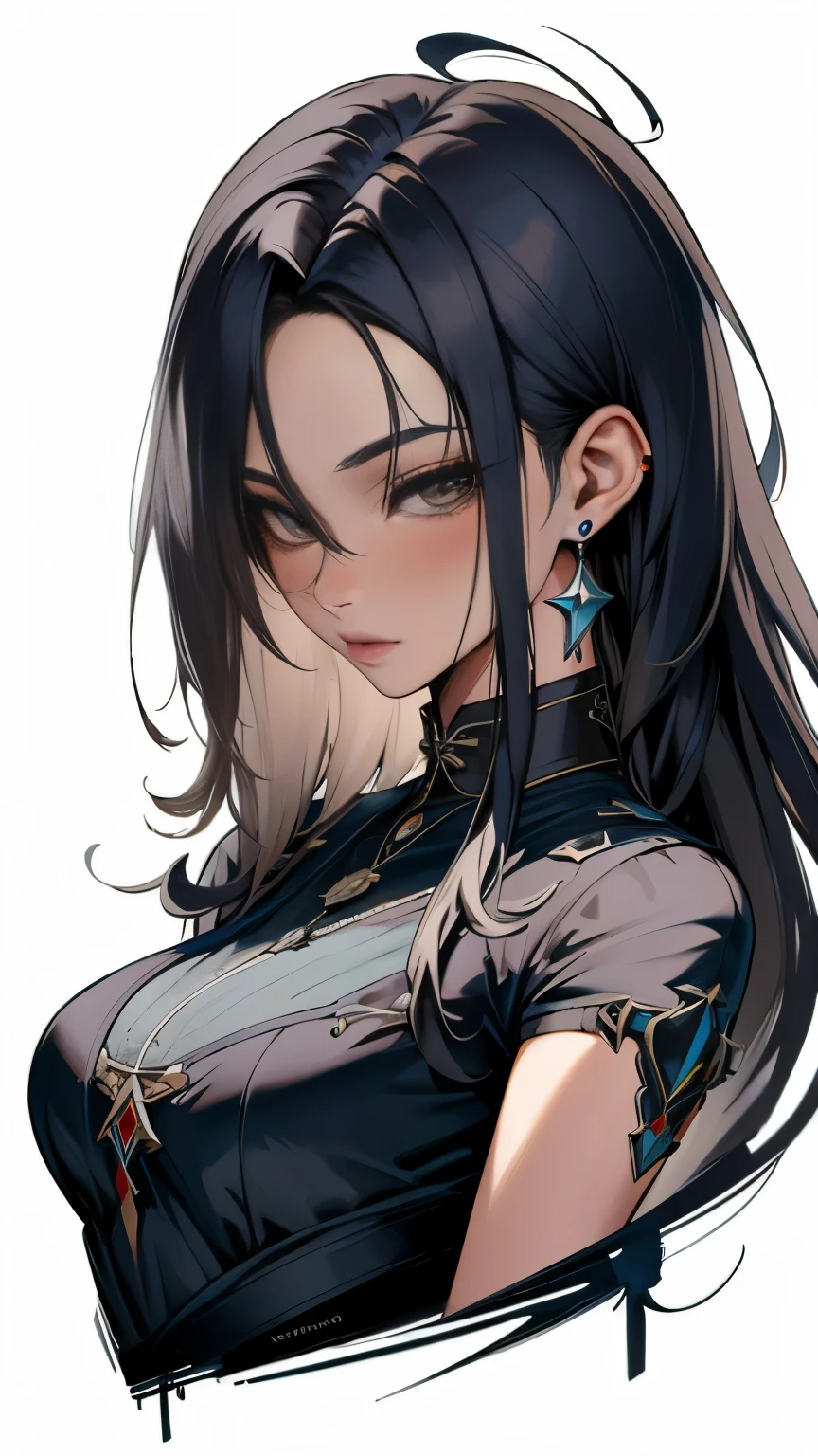 Best Quality, 3/4 Main unit, portrait of a, A fierce demon girl with a beautiful, well-endowed curvaceous figure with big, gorgeous eyes, Perfect slim-fit body, Decorated with darkness, ornate clothes, Leading a powerful gang. Her eyes shone with a mixture of danger and charisma, Gaining the respect of his loyal followers. With a devilish laugh, She exudes confidence and strength, Ruling her realm with an iron fist. Best Quality, intriciate detail, Clean lines, Eye-catching composition, Soft tones, Anime realism, perfect illustration