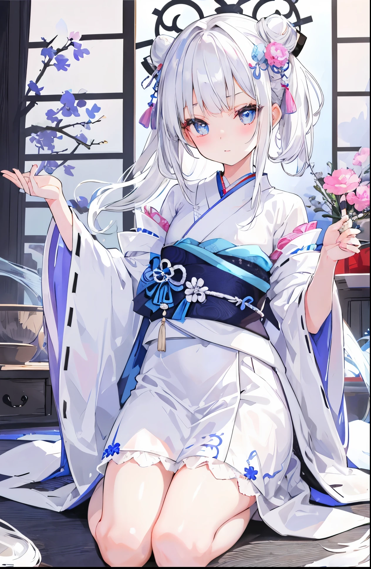 Silver-white hair，pupil，very stunning，Petite and cute little sweet girl，White blue Japanese kimono soft and waxy texture，Super cute