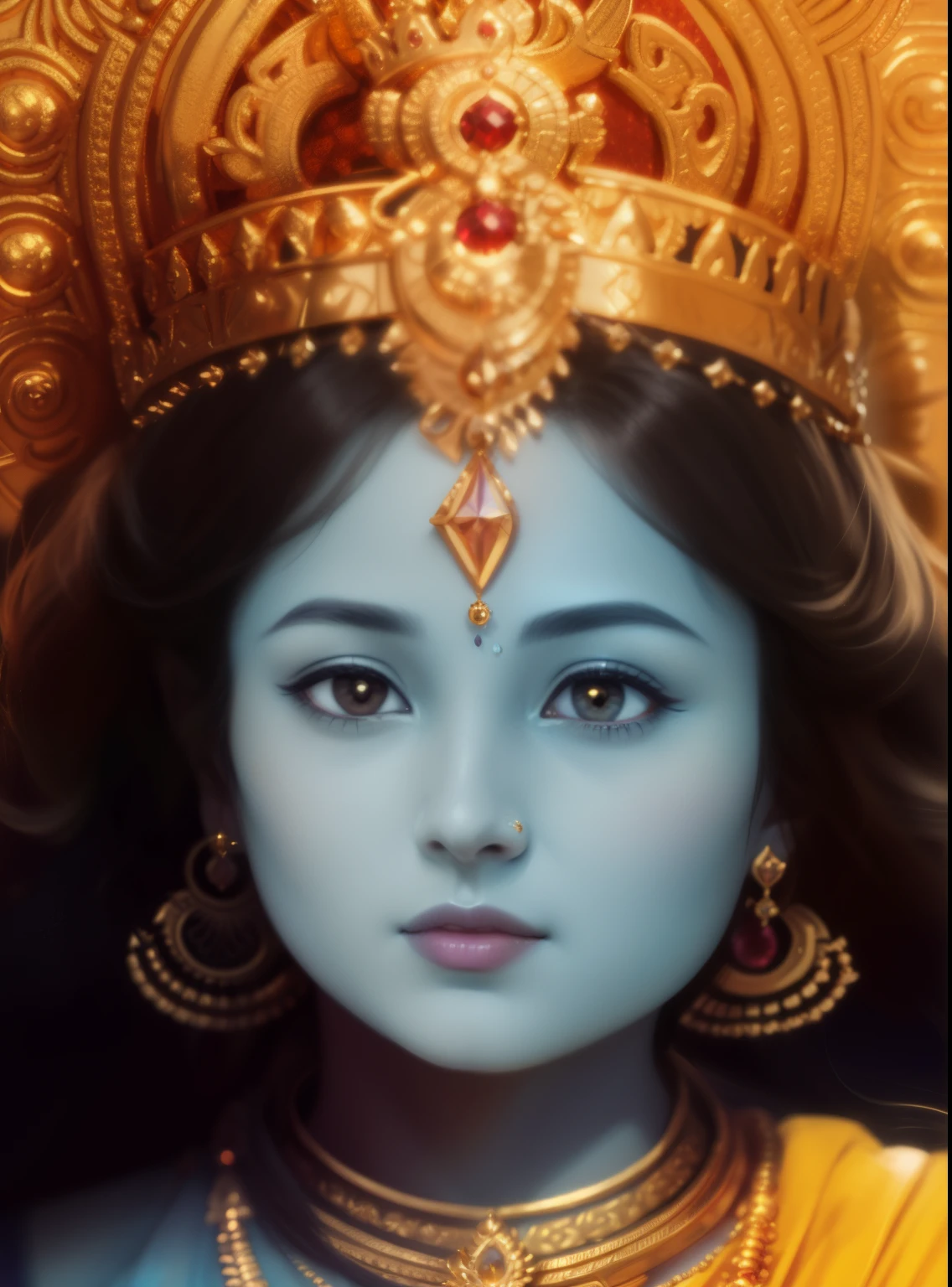 a close up of a  wearing a crown and a gold necklace, avatar image, closeup portrait shot, young goddess, goddess close-up portrait, indian god, 3 d goddess portrait, the face of god, hindu god, portrait shot, color photograph portrait 4k, vishnu, profile pic, highly detailed vfx portrait of, fanart, a stunning portrait of a goddess