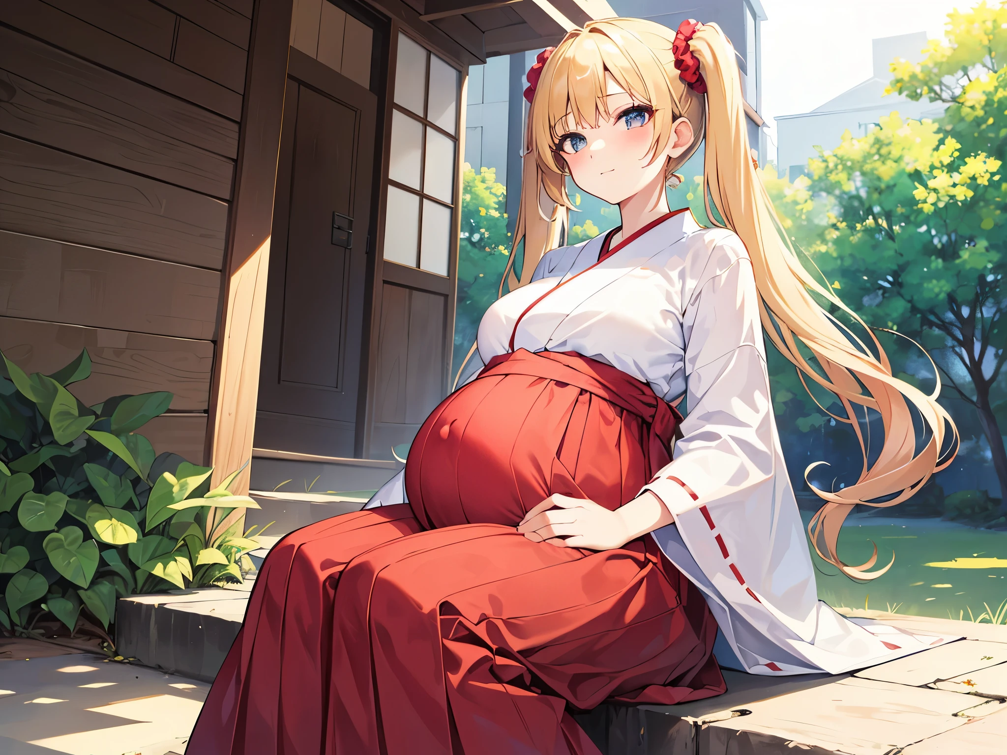 masterpiece, best quality,pregnant high school(1girl,solo)、tsurime、
blonde hair,twintails hairstyle、Scrunchie decoration on hair、Confident face、
red hakama, white japanese clothes、
shine maiden outfit、dappled sunlight、
