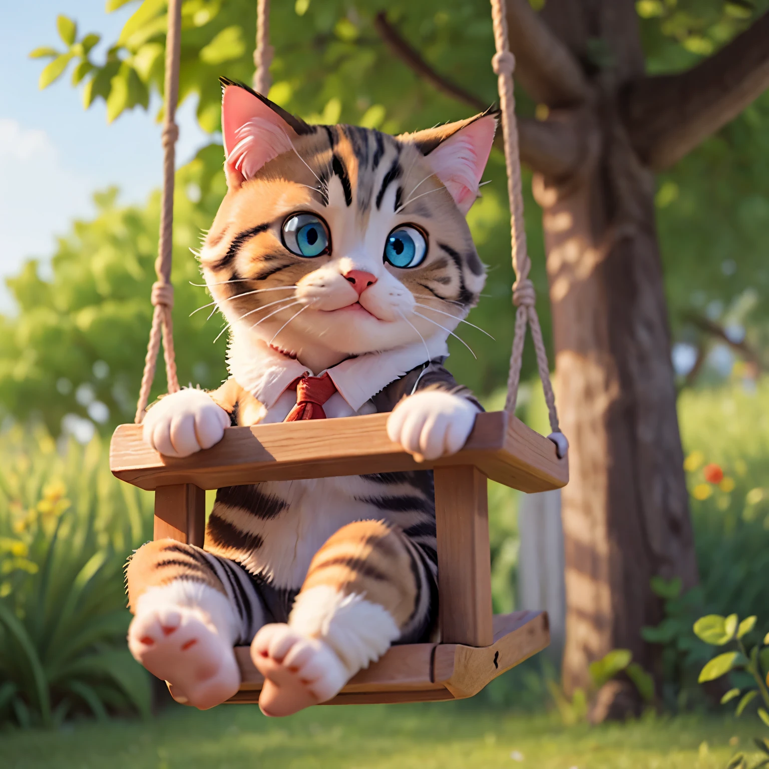 A kitten is playing on a swing in the park、realistic cat、anatomically correct、high resolution、High definition、8K