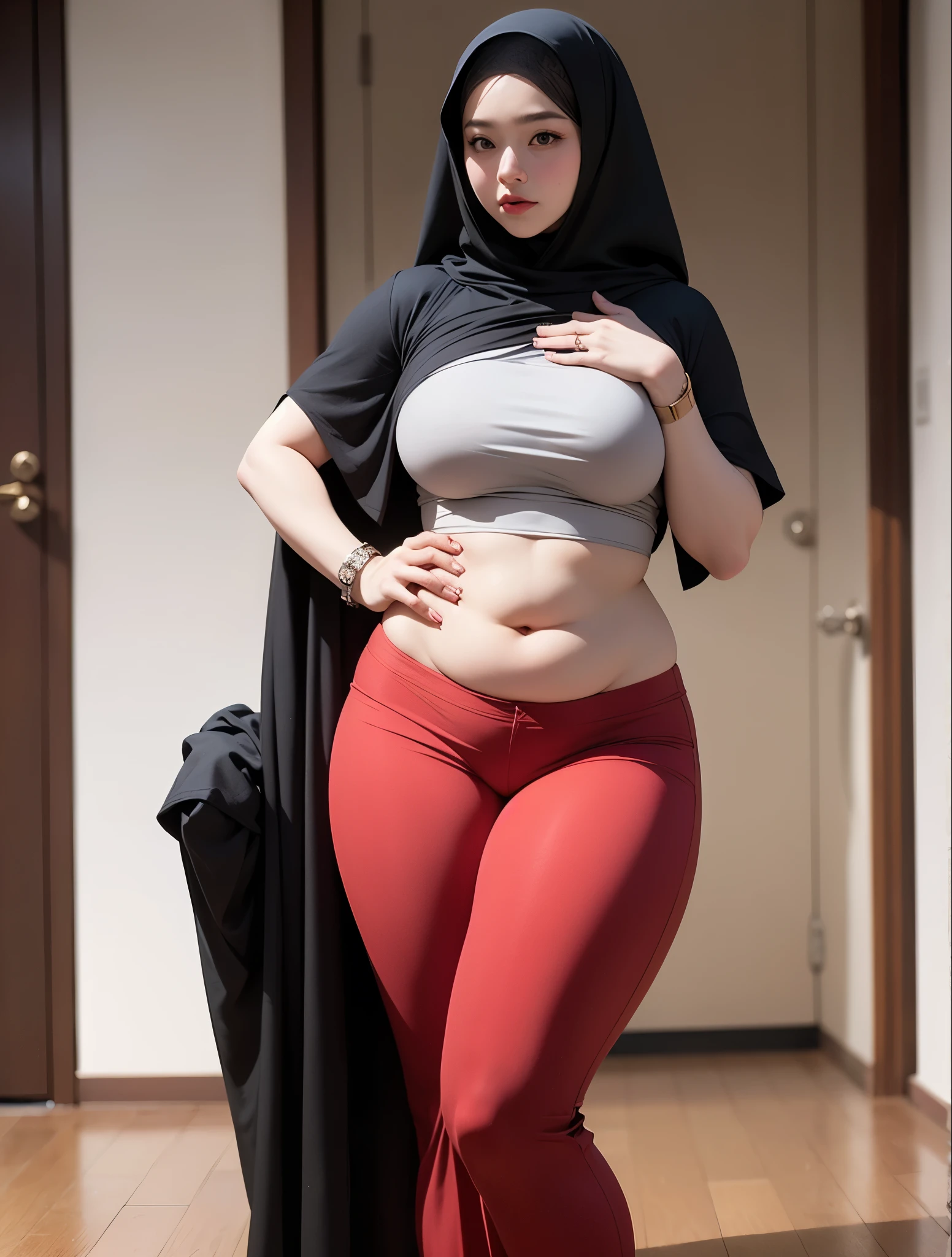 ((best quality)), ((masterpiece)), (detailed), perfect face, araffe woman thick and thight long pants posing for a picture, curvy model,, curvy hourglass figure, sexy longest hand t-shirt, thicc, beautiful full body shot, soft curvy shape, in a longest hand t-shirt, a beautiful woman open legs , bbwchan, , armpits, there is a old woman posing in a dark room with a maroon burka clothes , 43 years old, thick body, beautiful thick female, wide hips, thick legs, she has a jiggly fat round belly, thick thighs, curvy hourglass figure, thicc, curvy model, widest hips, hyperrealistic full figure, bbwchan, voluptuous body, thick, tattooed body, tattooed hands, hena on arm, hena in belly, Burka girl, muslim clothes, 43 years old woman. Burka chubby woman, chubby cheeks, wearing a sneakers, bob hairstyle, thick neck, short neck, there is a woman random pose red-brown hijab, bbwchan, thicc, brown hijab outfit, brown hijab fashion model, korean girl, korean woman, wearing brown robe, full length shot, alluring plus sized model, japanese goddess, clothed in hooded, voluptuous and arousing, portrait shot, curvy model, voluptuous body, wonderful, nene tanaka body , bbwchan, The overall atmosphere is smooth , haunting illustrations, extremely high-resolution details, photographic, realism pushed to extreme, fine texture, 4k, ultra-detailed, high quality, high contrast, red sneakers , cold atmosphere ,, 8k resolution , ultra-detailed resolution , wearing long thight pants, random pose with full body , full body, diamond necklace , wearing a watch , thick arm, thick cheeks , wearing a gold Bracelet, hena arts