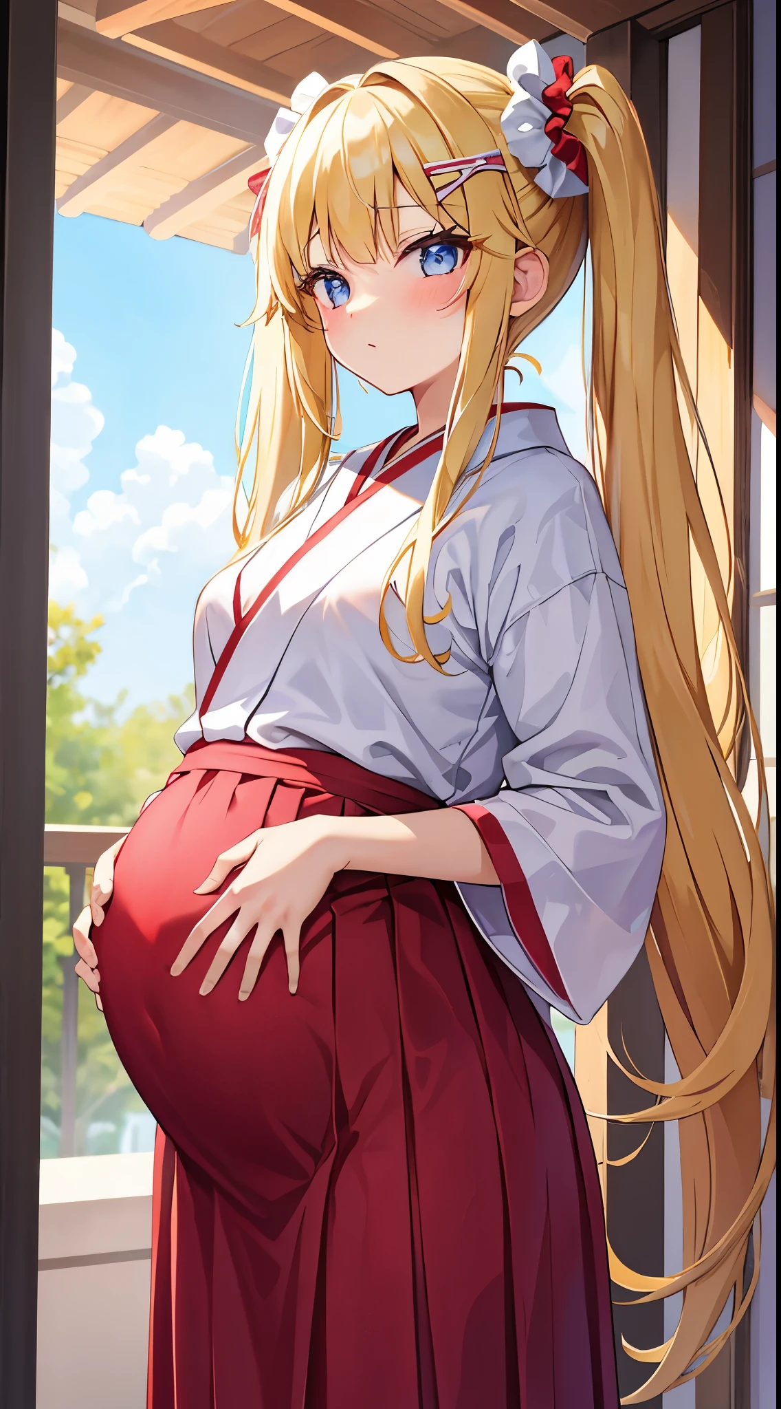 masterpiece, best quality,pregnant junior high school girl、(1girl,solo)、
blonde hair,twintails hairstyle、Scrunchie decoration on hair、Confident face、
red hakama, white japanese clothes,
