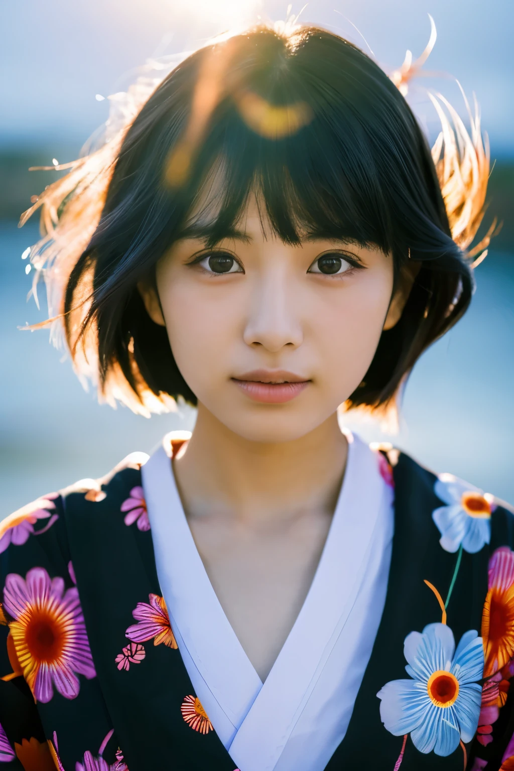 20-year-old Japanese supermodel girl，black hair，bright kimono，Japanese seaside background，a ray of light，Beautiful facial lighting，Photographed by Yui Aragaki，6 o'clock