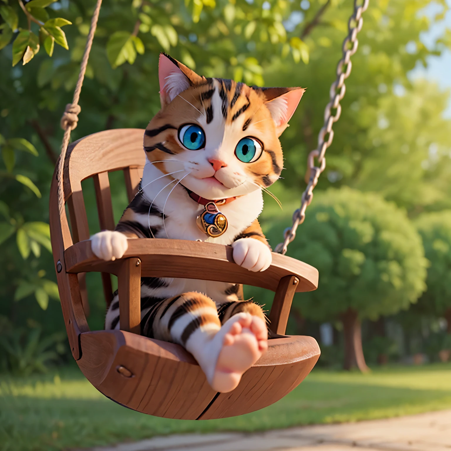 A kitten is playing on a swing in the park、realistic cat、anatomically correct、high resolution、High definition、8K