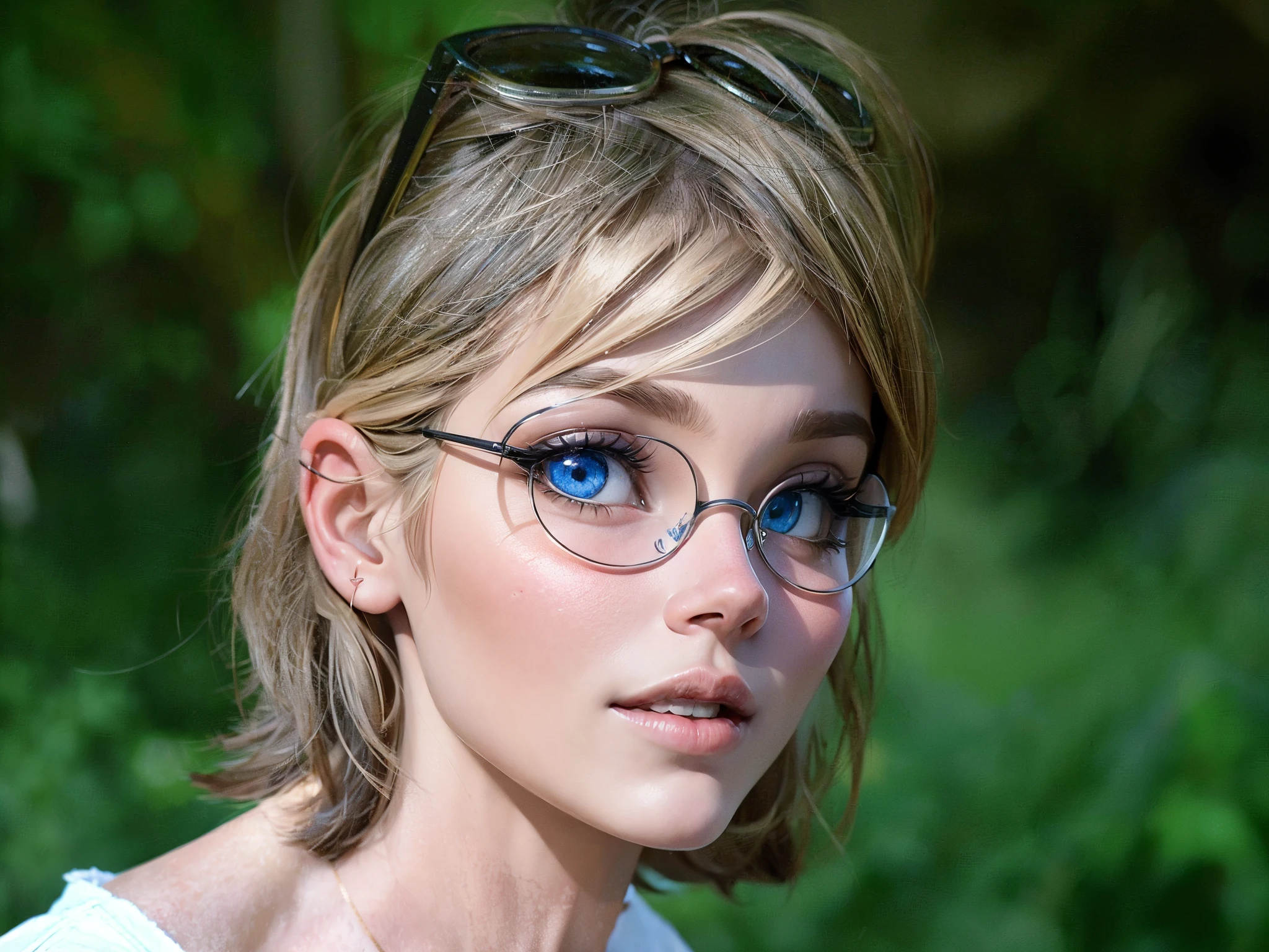 blond woman with sunglasses on her head looking at the camera, blue eyes, marthe jonkers, johannen voss, louise dalh - wolfe, véronique meignaud, virginie ropars, bonnie maclean, linn olofsdotter, ann stokes, profile portrait, pauline baynes, portrait sabrina lloyd, head and shoulder portrait, (highly detailed face:1.4) (smile:0.7) (background inside dark, moody, private study:1.3) POV, by lee jeffries, nikon d850, film stock photograph ,4 kodak portra 400 ,camera f1.6 lens ,rich colors ,hyper realistic ,lifelike texture, dramatic lighting , cinestill 800