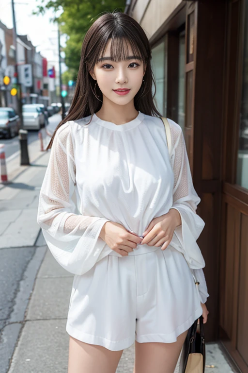 ((top-quality、​masterpiece、photographrealistic:1.4、in 8K))、beautiful japanese female１a person、28 instars、delicate and beautiful face、Eyes and faces with detailed、(very very gigantic :1.2)、（Wear a blouse:1.3）、（Walking in the downtown area）、(Full body:1.2)、A smile、Beautiful lighting、Textured skin、Super Detail、high detailing、High quality、hight resolution、（looking at the viewers）、beautiful hairl、(breasts forcus)、