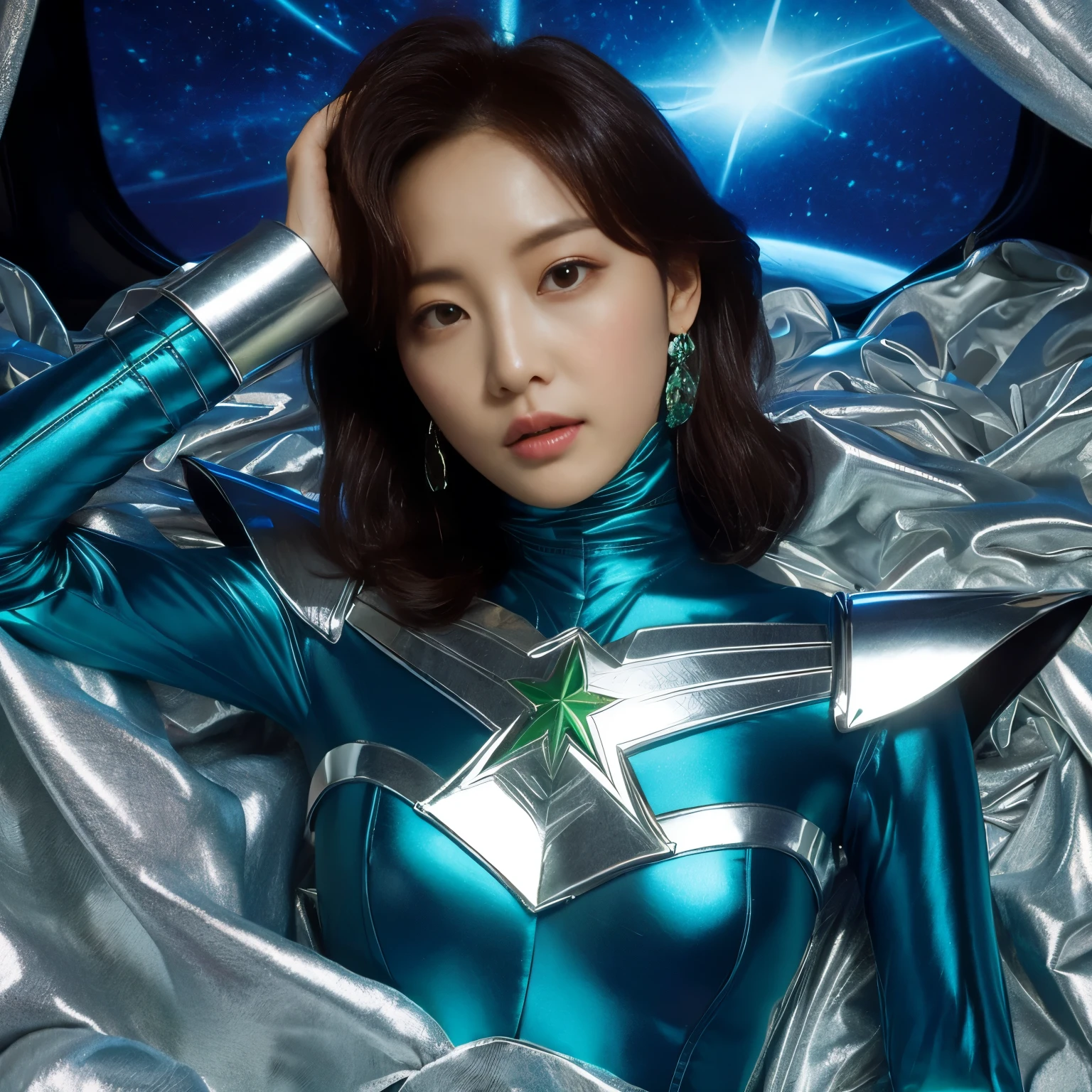 best image quality、Super high resolution、(realism:1.4)、Korean beauty star、The most beautiful KPOP star、face、Horny Korean makeup、erotic expression、A body that makes you want to touch it、Erotic photos、Realistic satin fabric texture、Costume made of stretch satin fabric that is smooth to the touch、The drape of the curved part of the satin fabric、Strong luster of costume、costume quality、8K photo quality、Costume made of high-quality satin fabric with high density、Super-class battle leather cloak with a smooth texture、Super Sentai Women&#39;s Heroine Suit、Super-class battleship shiny costumes、Texture of costumes that satin fetishists respond to、Thin, glossy stretch satin fabric、