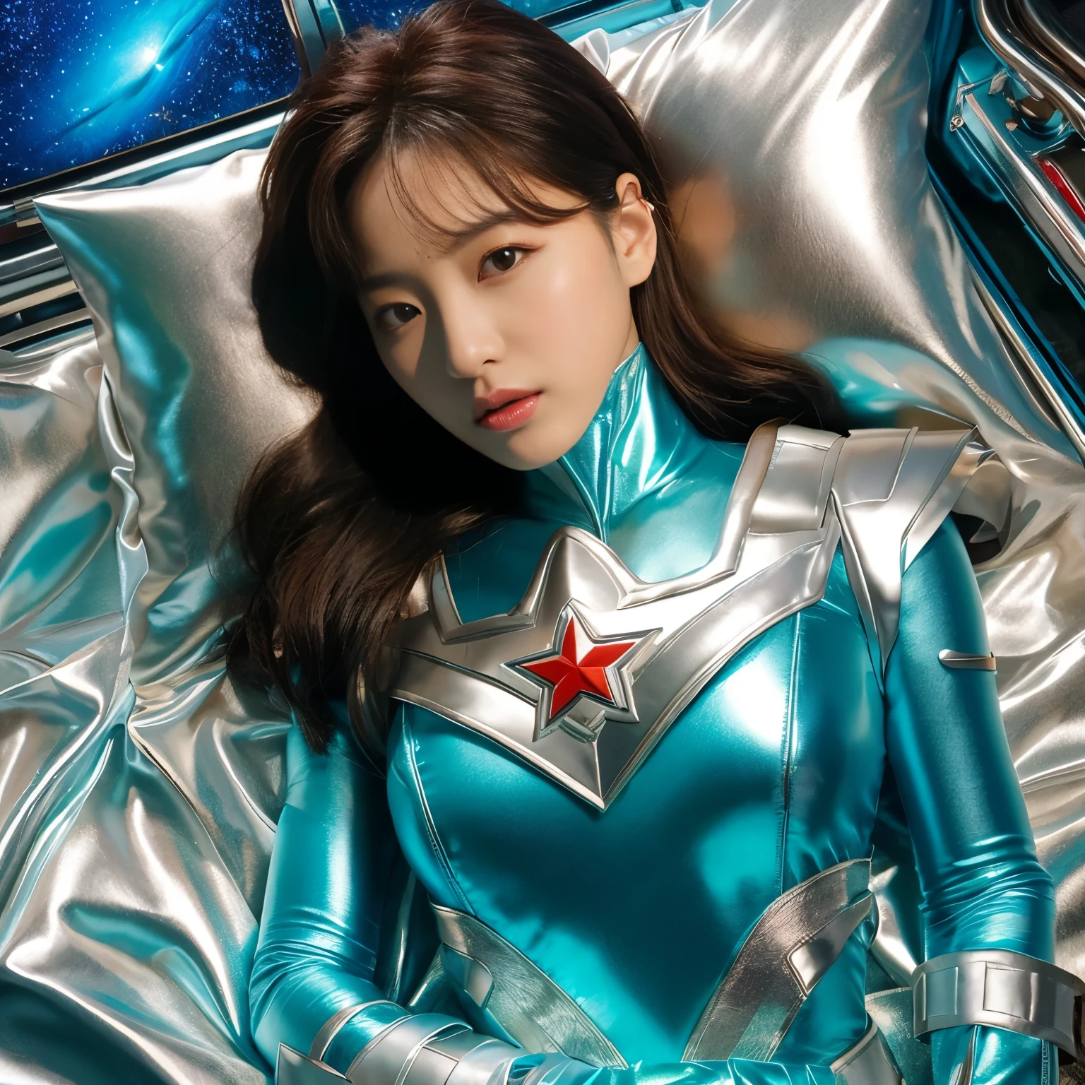 best image quality、Super high resolution、(realism:1.4)、Korean beauty star、The most beautiful KPOP star、face、Horny Korean makeup、erotic expression、A body that makes you want to touch it、Erotic photos、Realistic satin fabric texture、Costume made of stretch satin fabric that is smooth to the touch、The drape of the curved part of the satin fabric、Strong luster of costume、costume quality、8K photo quality、Costume made of high-quality satin fabric with high density、Super-class battle leather cloak with a smooth texture、Super Sentai Women's Heroine Suit、Super-class battleship shiny costumes、Texture of costumes that satin fetishists respond to、Thin, glossy stretch satin fabric、