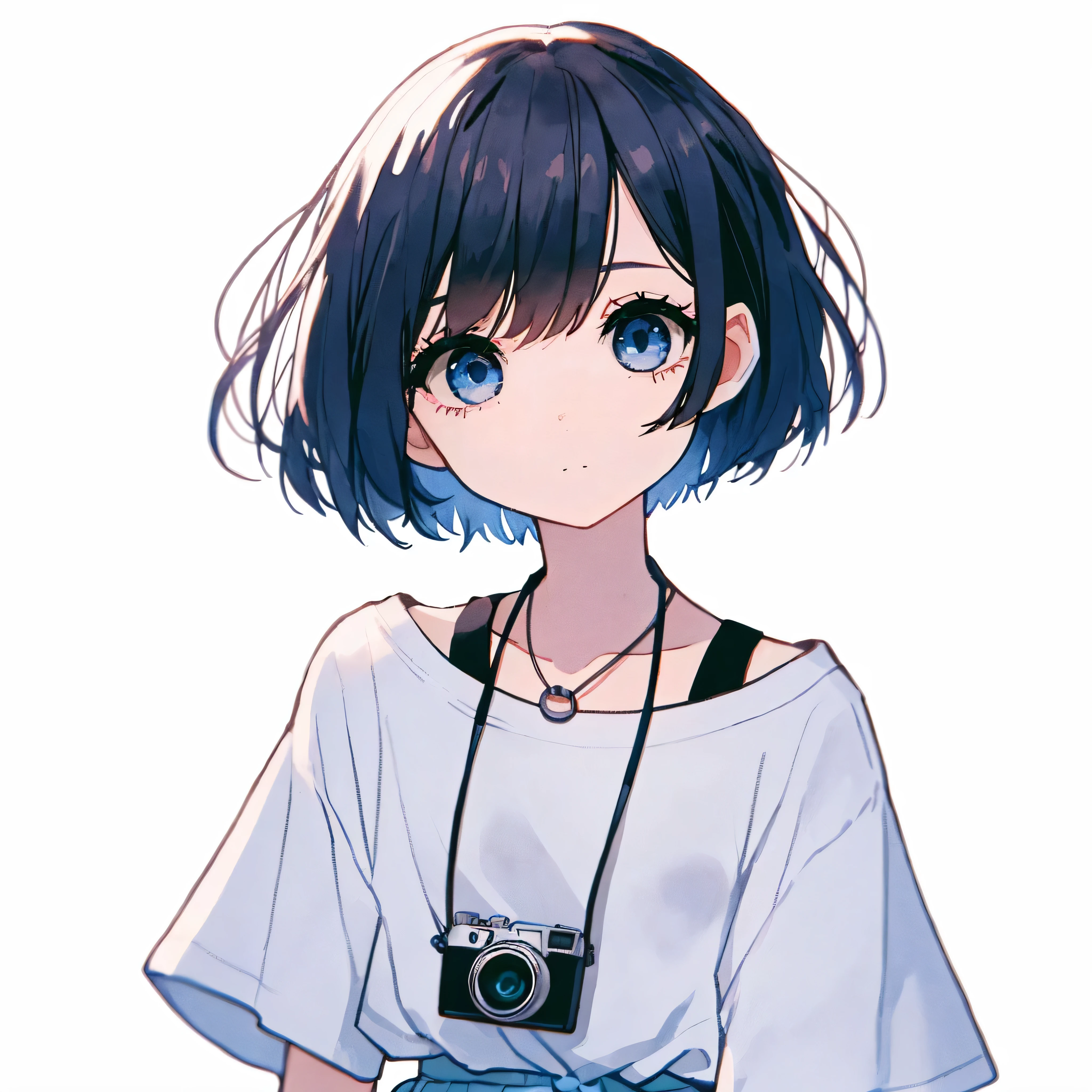1 girl, young, human, slim body shape, BREAK bob cut, short hair, Hair covering the right eye, dark blue hair, BREAK cute eyes, black eyes, blue iris, BREAKIf々nice face, BREAK anime style, flat high quality illustration, blake portrait, looking at the viewer, BREAK casual style, Light blue and white color scheme, loose t-shirt, shorts or light skirt, camera pendant accessories, Break the white background
