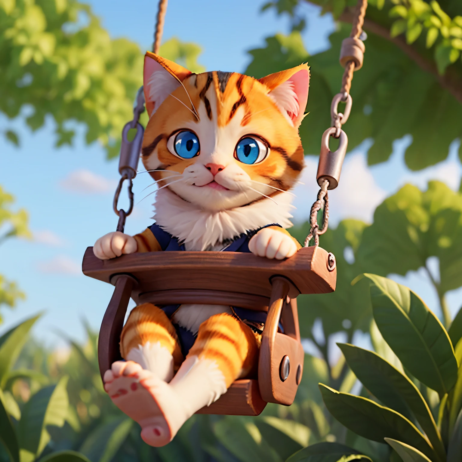 A kitten is playing on a swing in the park、realistic cat、anatomically correct、high resolution、High definition、8K