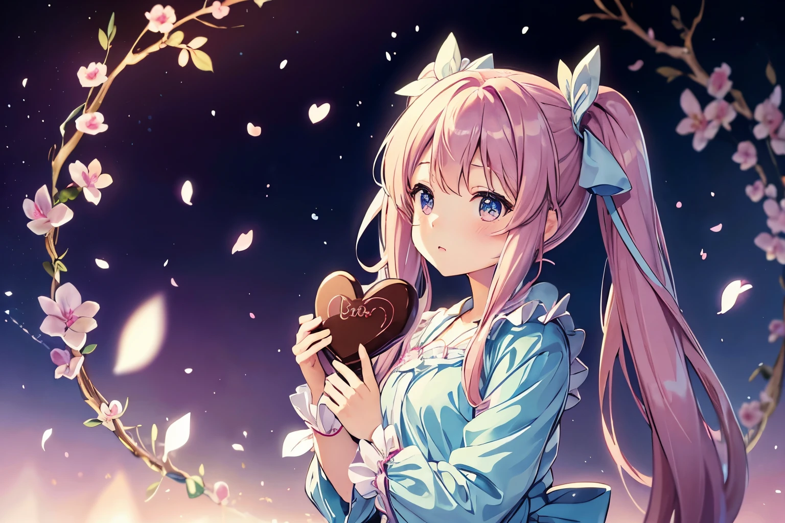 Orchid Flower Garden((photograph)).light blue long hair、twin tails、anime girl with big chocolate for valentine、ribbon, holding chocolate in hand、anime moe art style,cute lolita costume、 Cute girl anime visual, small change girl, anime food, ??????????? change, change, cute anime girl, best anime 4k, everyone, anime style 4k,