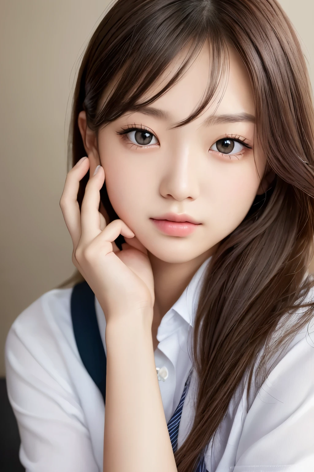 ((最高品質)), ((傑作)), (詳しい), 完璧な顔
(Professional portraits, realistic and perfectly shaped subjects:1.3), (masterpiece, best quality:1.2), (Realistic, hyper realistic, photorealistic:1.3), ultra highres, intricate details, ultra detailed, (extremely detailed CG, unity 8k wallpaper:1.3), distinct image,
BREAK
(1 Japanese idol, JK, 18 years old), (cute, kawaii), (perfect anatomy, correct limb:1.2), Detailed beautiful delicate face, Detailed beautiful delicate eyes and eye highlights, (Very thin and delicate eyelashes that are not too long), (alluring eyes, finely detailed beautiful blown big eyes and detailed face), natural makeup, stylish face, (lustrous skin, realistic detailed skin), (brown hair:1.2), (school uniform:1.3),
BREAK