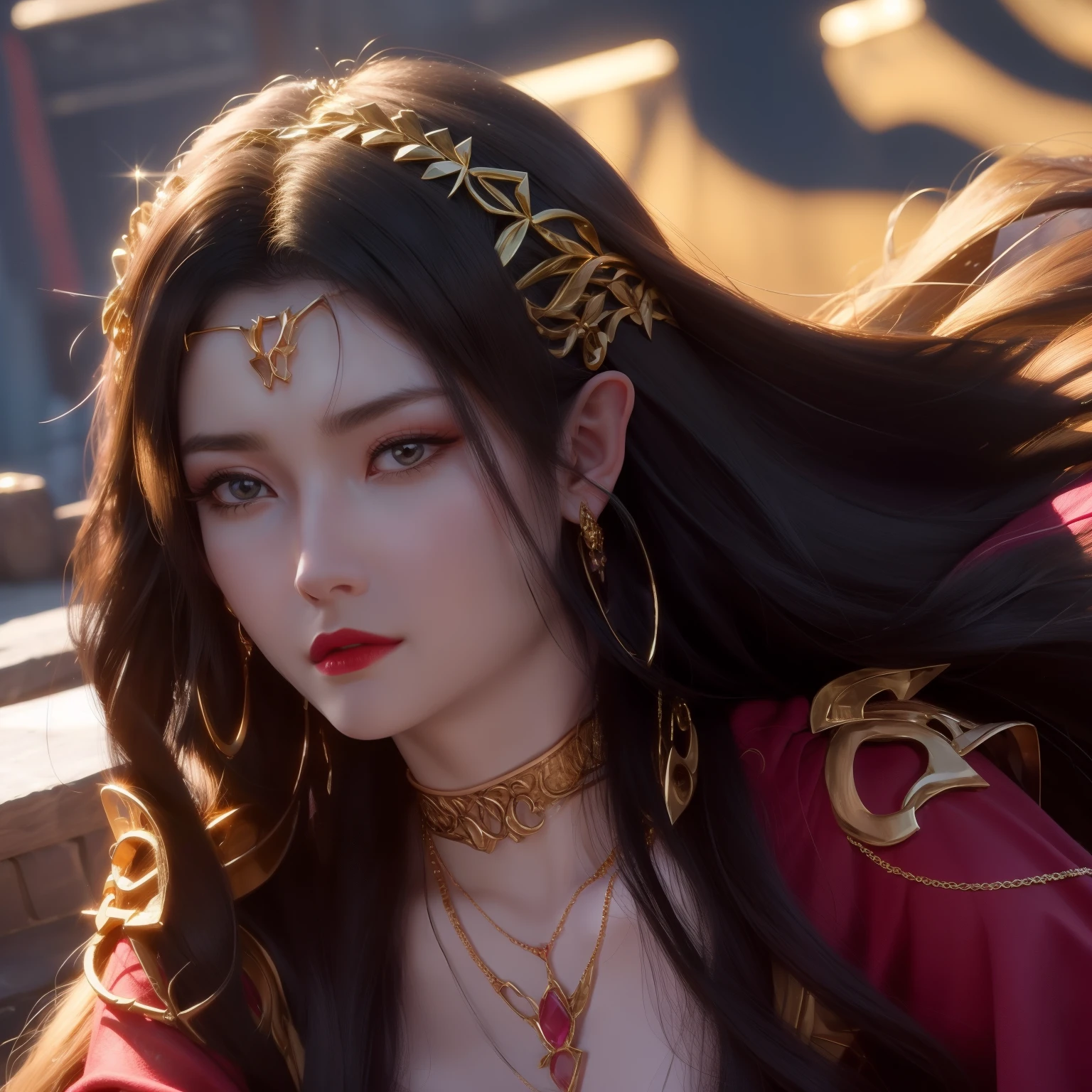 1 girl,jewelry,long hair, hair accessories, necklace, skirt, forehead gem, Pants, adult,close up, looking at the audience, cold face, Upper body, Photorealistic,