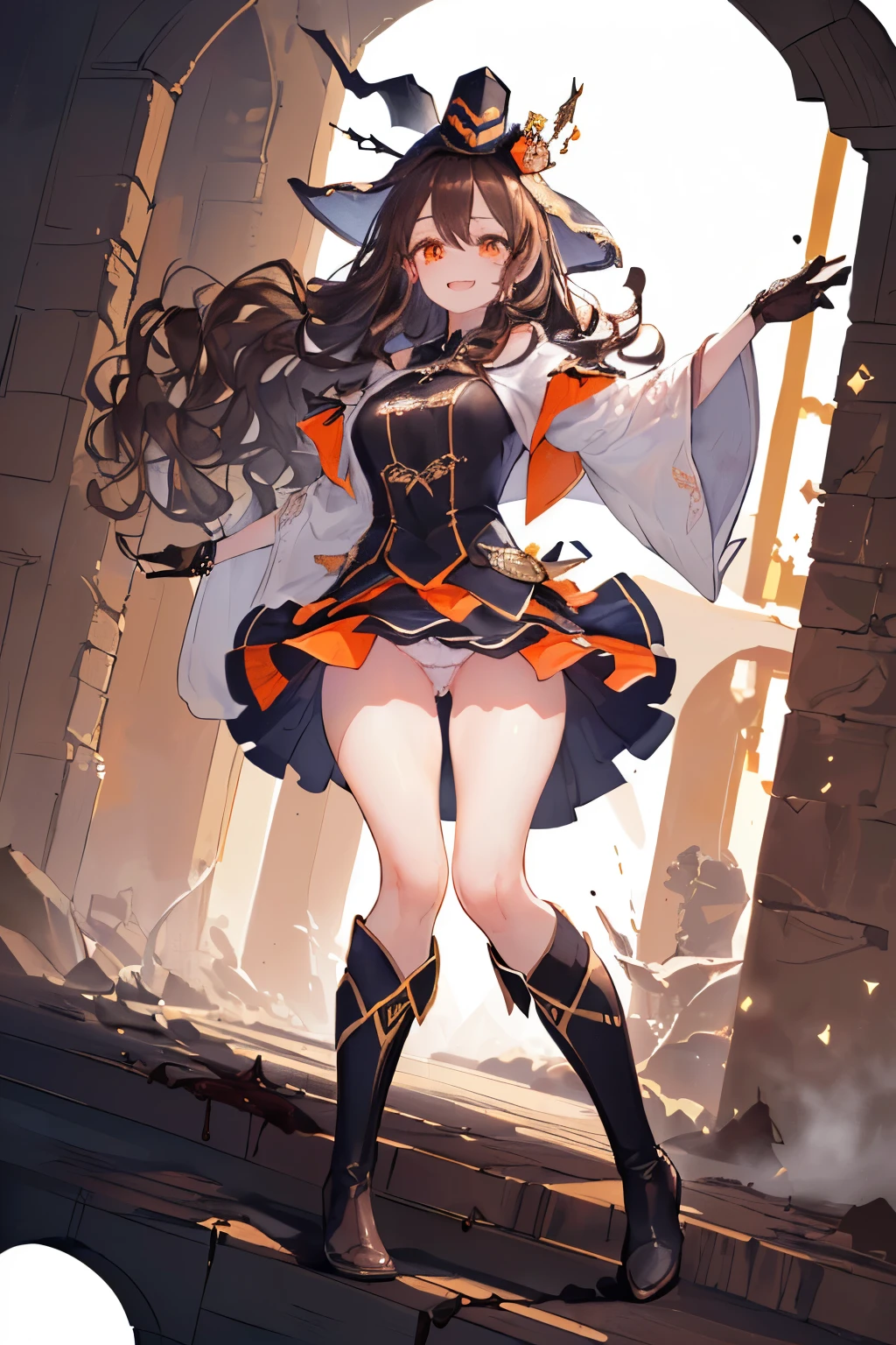 (((1girl))), ((best quality)), ((masterpiece)), ((ultra-detailed)), (illustration), (detailed light), (an extremely delicate and beautiful), (beautiful detailed eyes), (sunlight), ((extremely light)), ((extremely clothes)), (((hyper detail))),(((((front lighting))))),(((((front light))))),
((((quite adorable Novice Warock's robe with a brief skirt and magical hat)))), (((Novice Warock))),
,
(((wavy long hair))), ((((dark brown hair)))), (((long hair))),
(((dark orange eyes))),
((((whole body)))), aged 5 to 8, ((((())))), ((((very adorable young girl)))),
((condescending expression)), ((mischievous smile with sexual satisfaction)), (((extra adorable))), (((((extra slender shape))))),
(((((extremely beautiful detailed face))))),
(((dynamically attacking enemies by a spell of Chocolate))), (((elegant magic boots))),
(Dutch angle), (((elegant magic gloves))), ((transparent magical underskirt)), (a little bit exposed adorable magical panties)