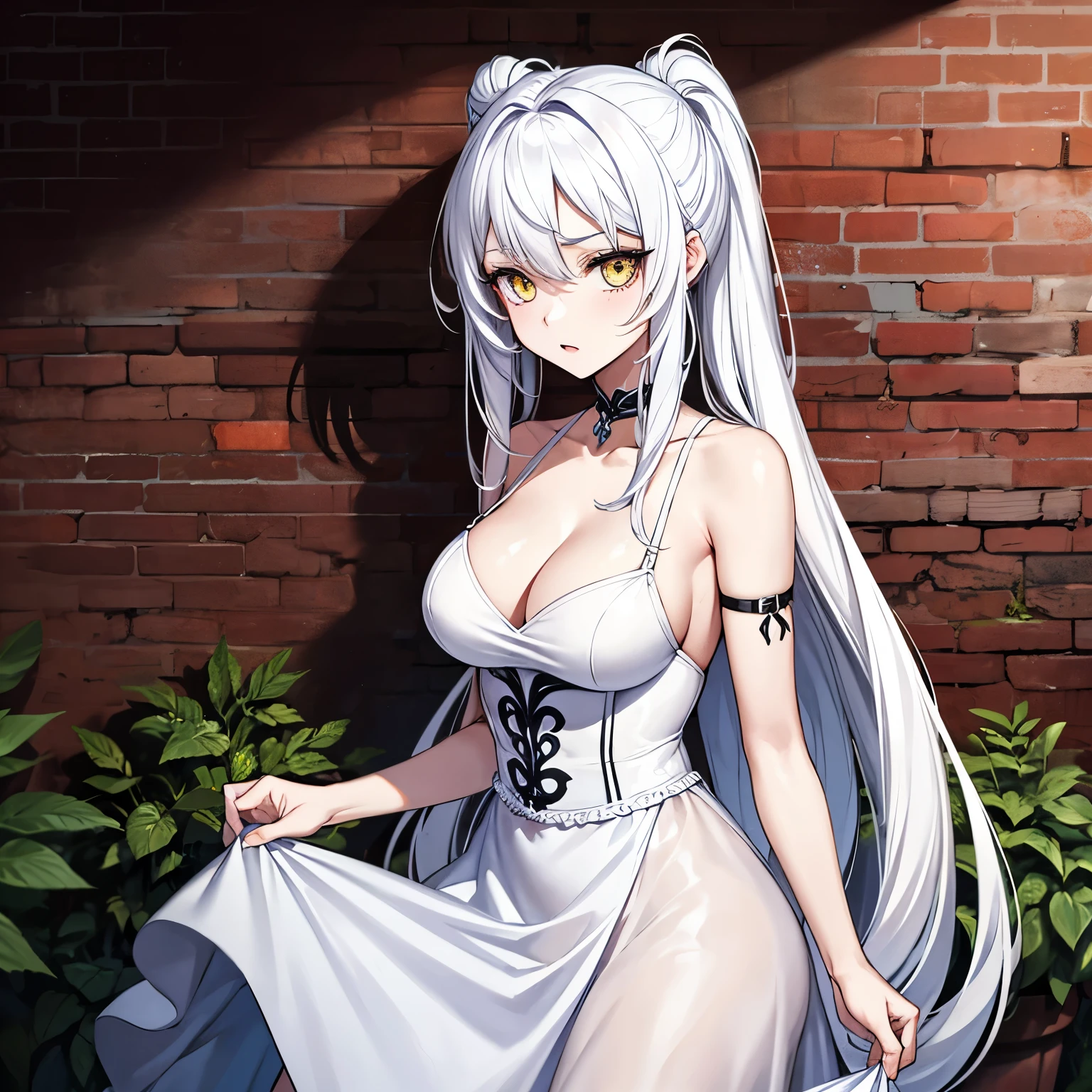 (masterpiece), 1girl, solo, best quality, expressive eyes, perfect face, very long hair, white hair BREAK yellow eyes BREAK pale skin, white dress BREAK brick wall, cleavage, large breasts, slim body, :o, looking down, sad, standing, sleeveless dress, bare shoulders, choker 